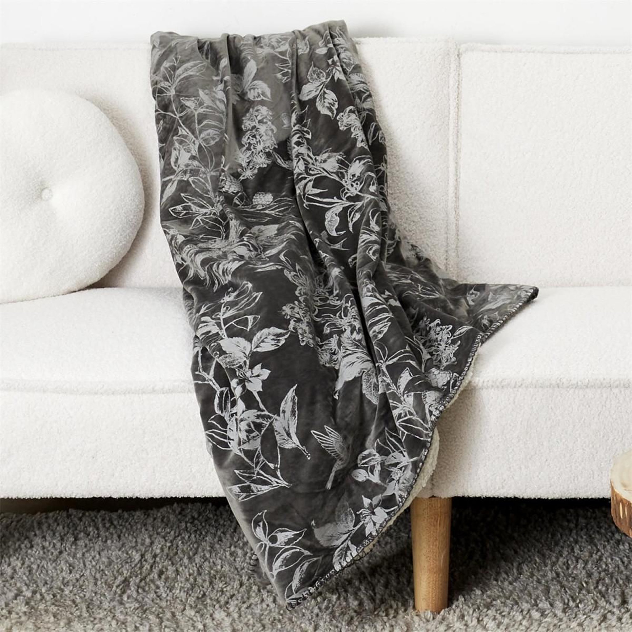 Voir la diapositive 4 : The Home Deco Factory Plaid velours imprimé  végétal  120x150cm gris