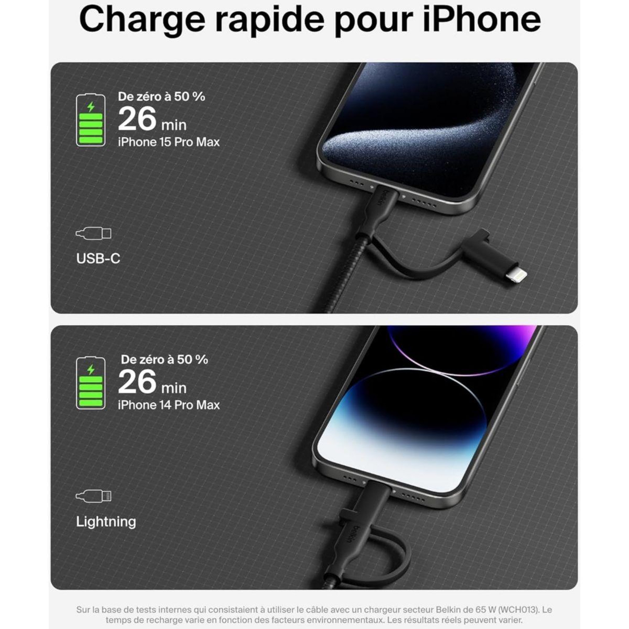Voir la diapositive 5 : Belkin Adaptateur usb 2-en-1 usb-c et lightning 1m50 noi