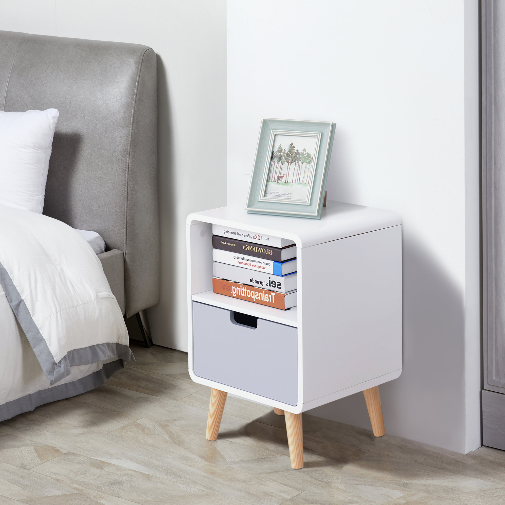 Voir la diapositive 2 : HOMCOM Chevet table de nuit design scandinave 40L x 38l x 58H cm tiroir + niche bois massif pin MDF blanc bleu gris