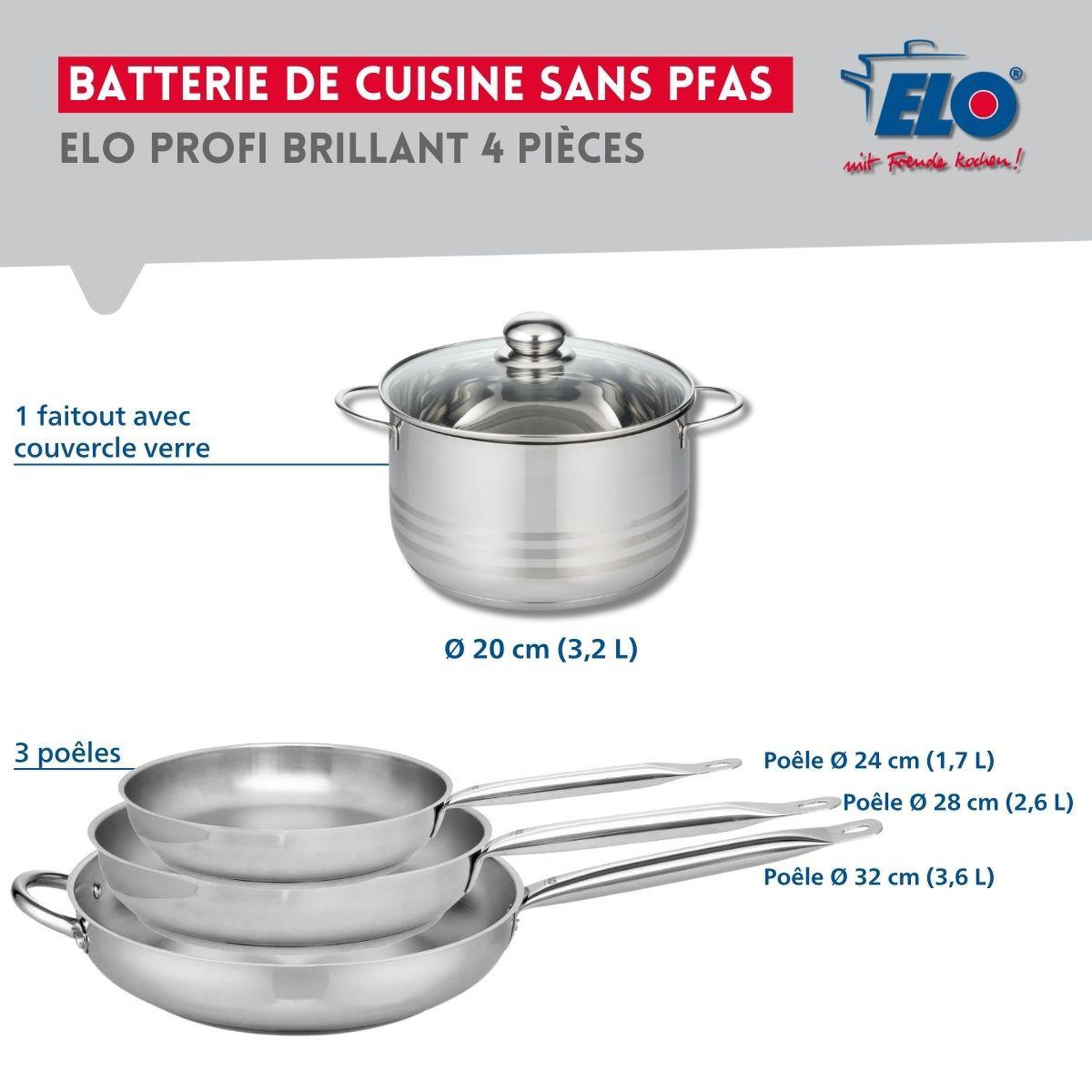 Voir la diapositive 2 : ELO Ensemble de 3 poêles de cuisson 24, 28 et 32 cm et 1 faitout 20 cm elo profi brillant