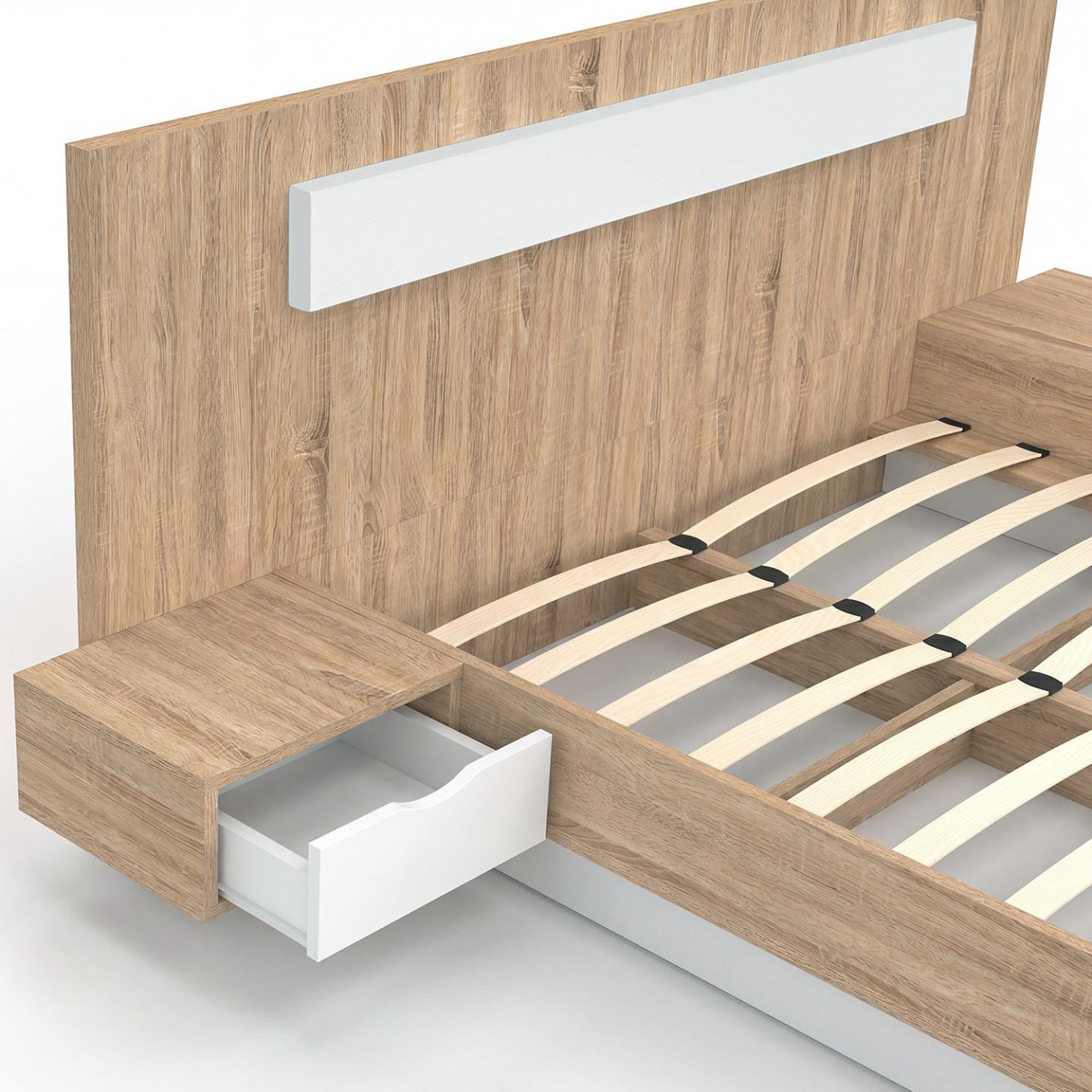 Voir la diapositive 6 : ID MARKET Lit double santa avec tête de lit + tables de chevet intégrées et sommier 140 x 190 cm bois et blanc