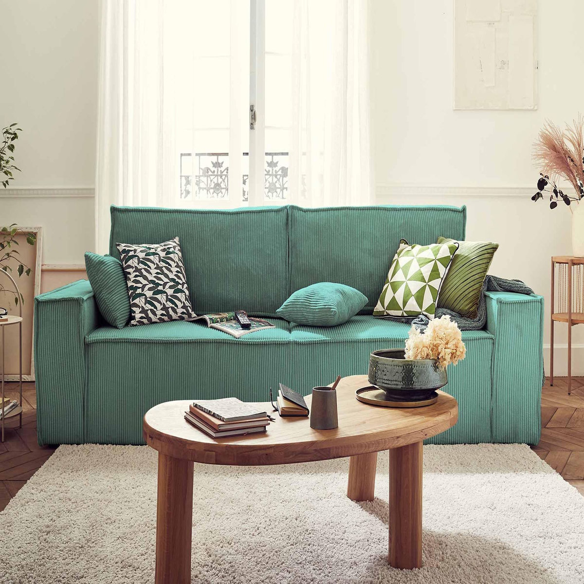 BEST MOBILIER Dellia - canapé 3 places convertible - avec coffre - en velours côtelé - style contemporain