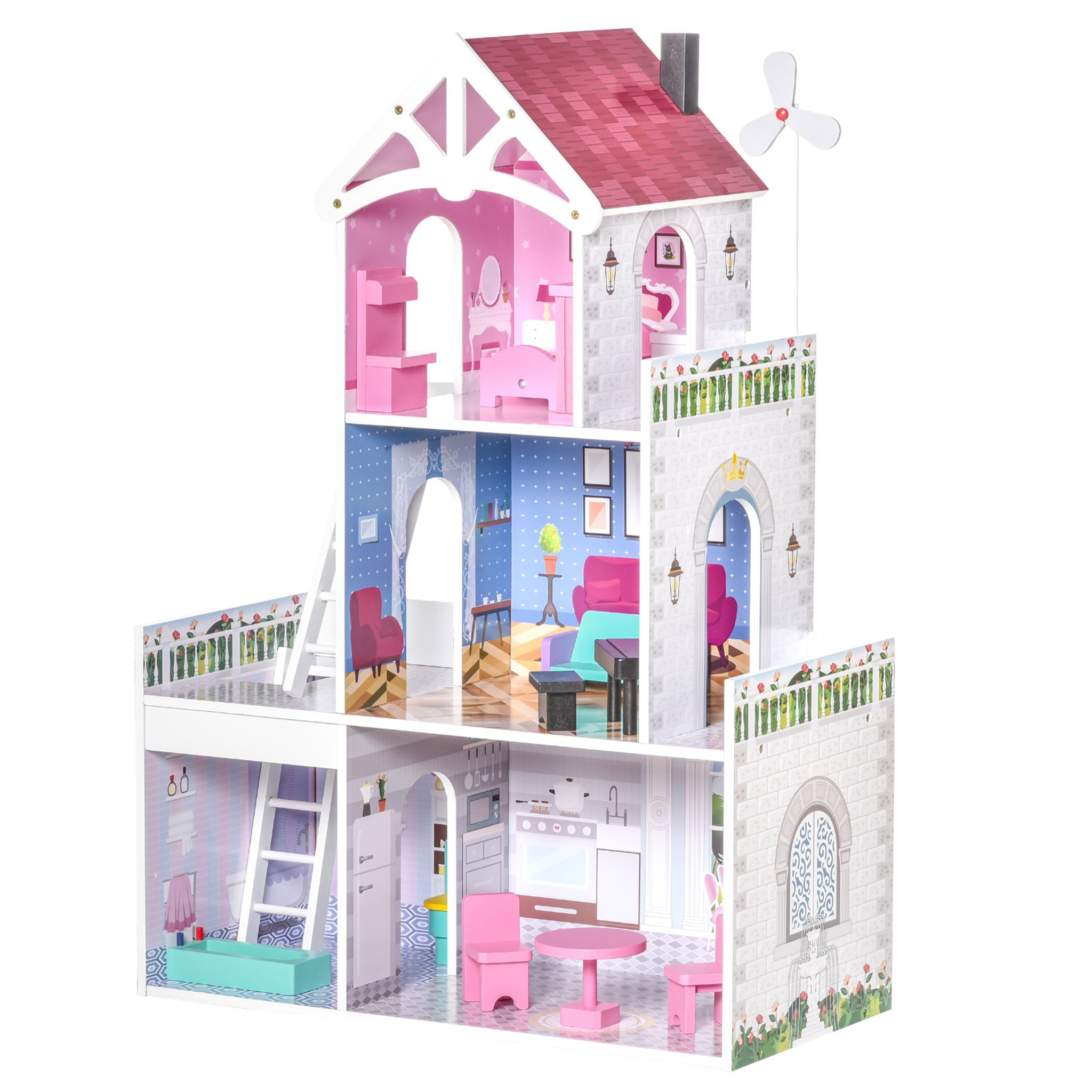 HOMCOM Maison de poupée 3 étages jeu d'imitation grand réalisme multi-équipements MDF rose