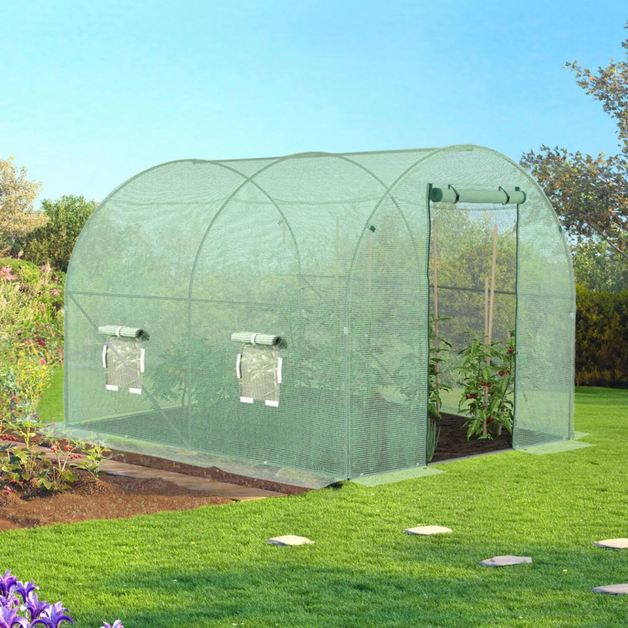 Voir la diapositive 2 : ID MARKET Bâche de rechange pour serre de jardin tunnel 6m² 3 x 2 x 2 m anti-UV avec porte et fenêtres ROMA verte