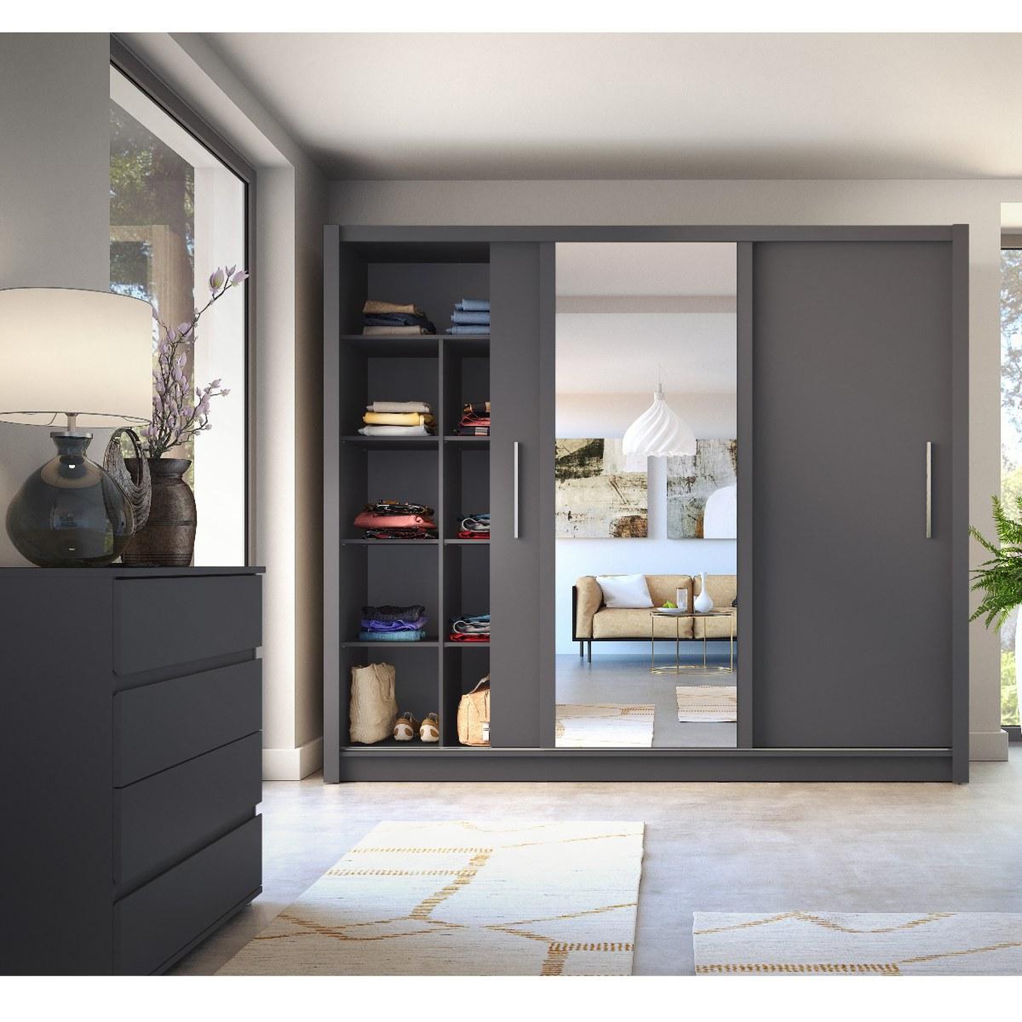 Voir la diapositive 2 : JLC KREATION Armoire moderne gris 3 portes coulissantes 245cm ulric