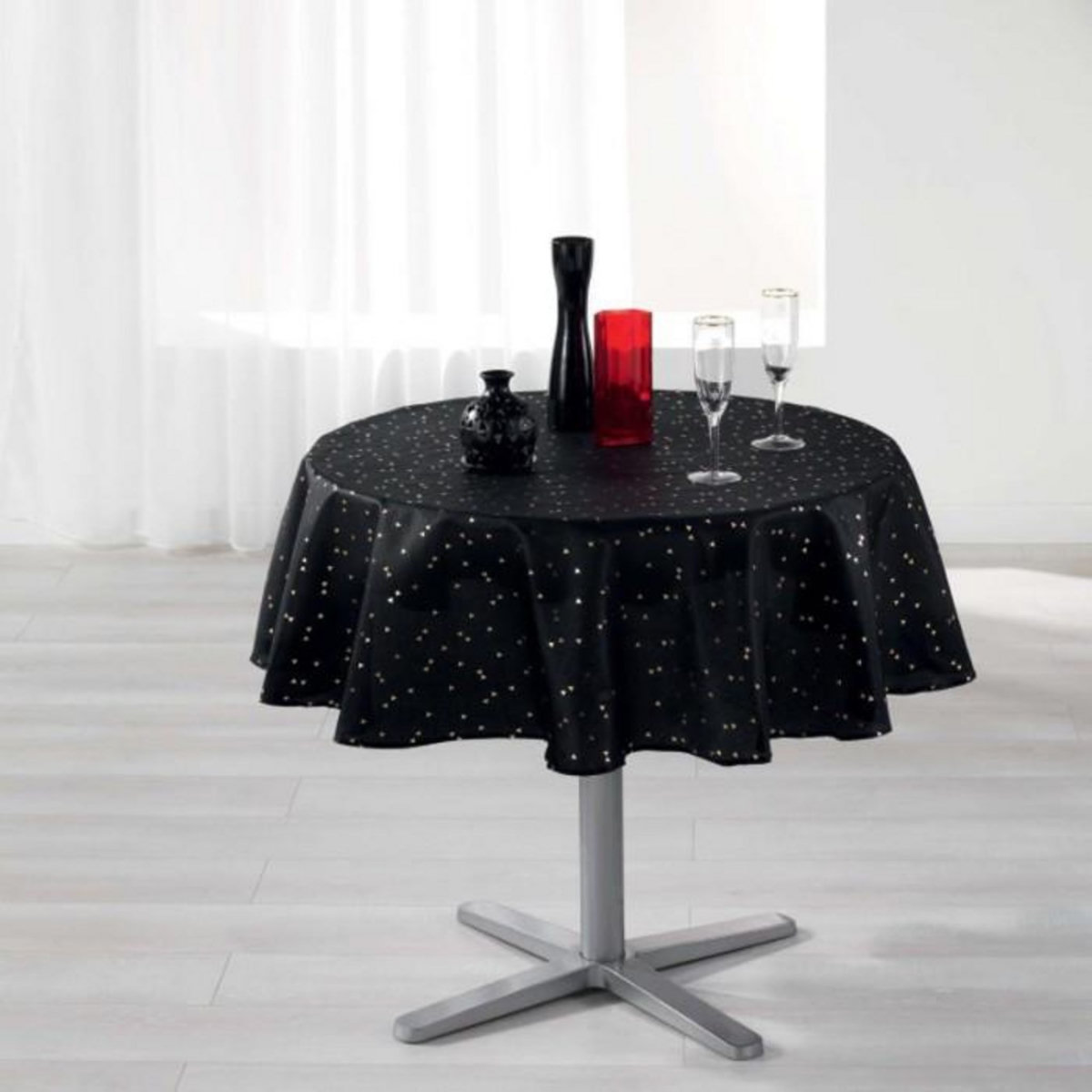 Paris Prix Nappe Ronde Imprimée  Shantung  180cm Noir