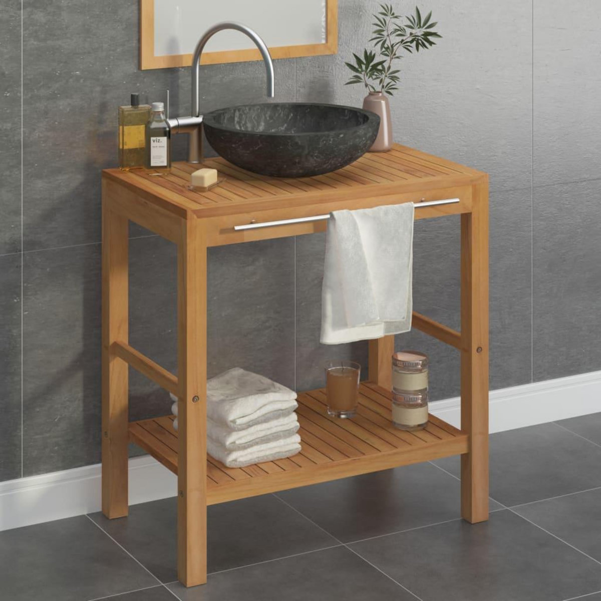 VIDAXL Armoire de toilette en teck solide avec lavabo en marbre Noir