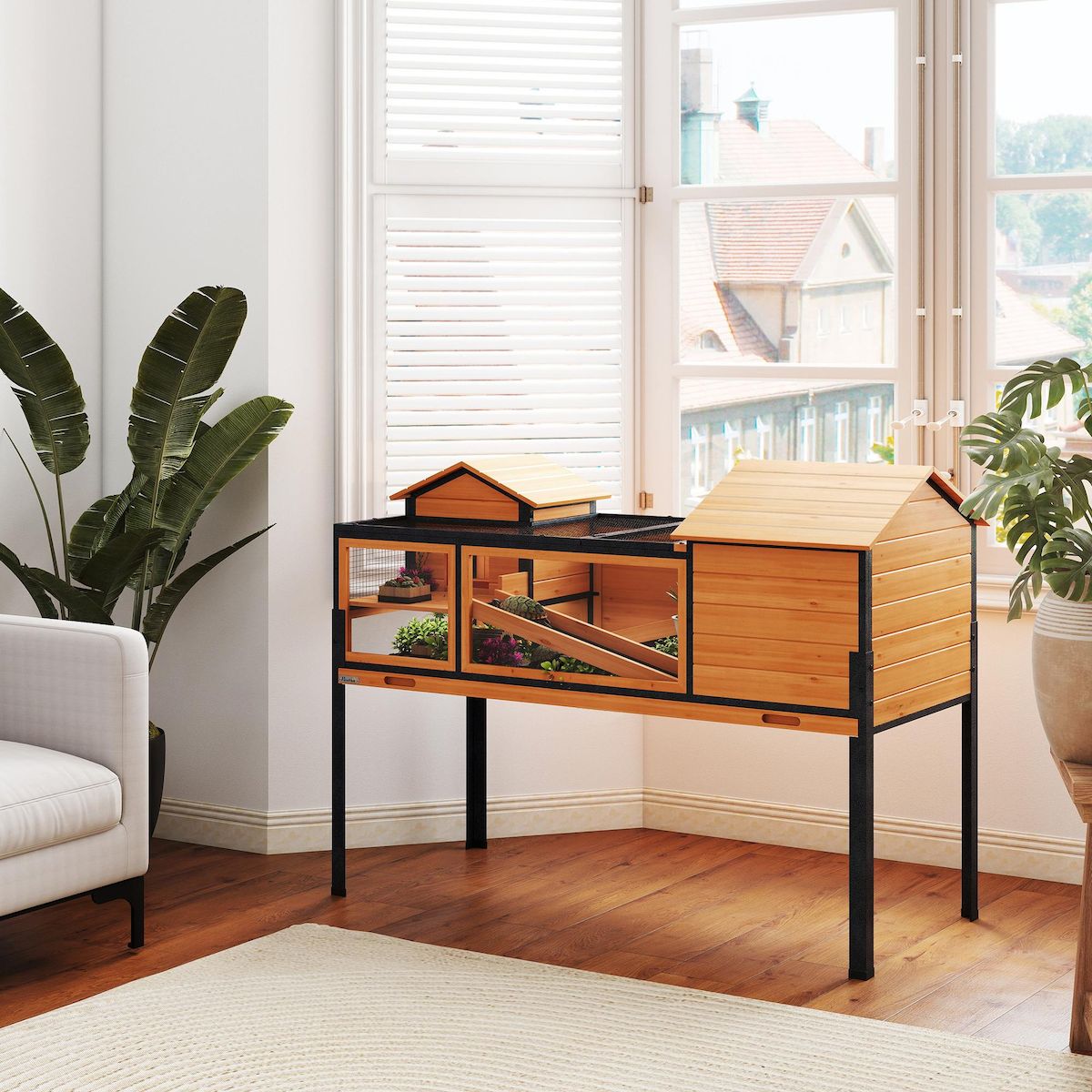 PAWHUT Terrarium design sur pieds - maison pour tortues - niches rampes plateau déjection - acier bois