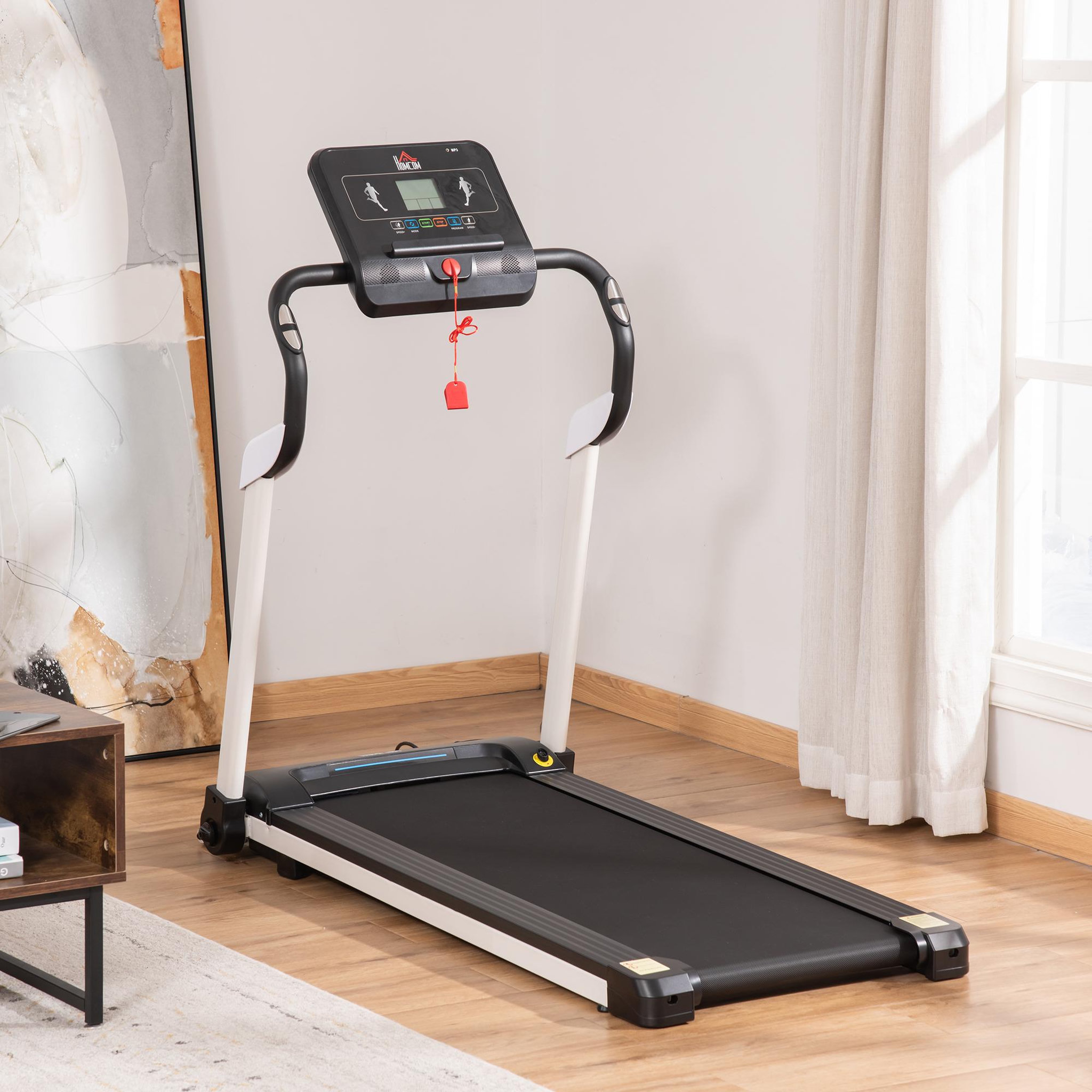 Voir la diapositive 2 : HOMCOM Tapis de course électrique pliable 1-12Km/h 400W grand écran LED multifonction 12 programmes clé sécurité acier ABS noir blanc