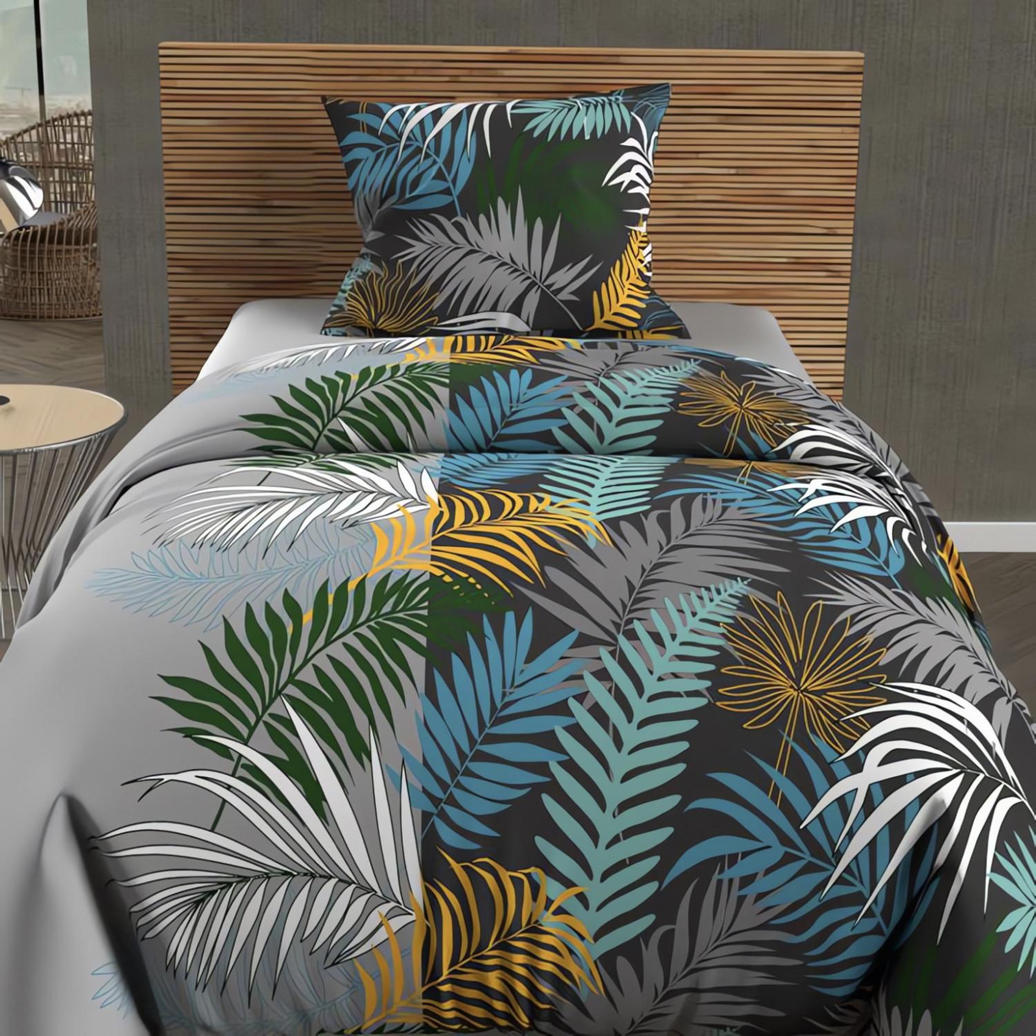 SOLEIL D'OCRE Parure housse de couette en coton 57 fils JUNGLE, par Soleil d'Ocre. Coloris disponibles : Blanc