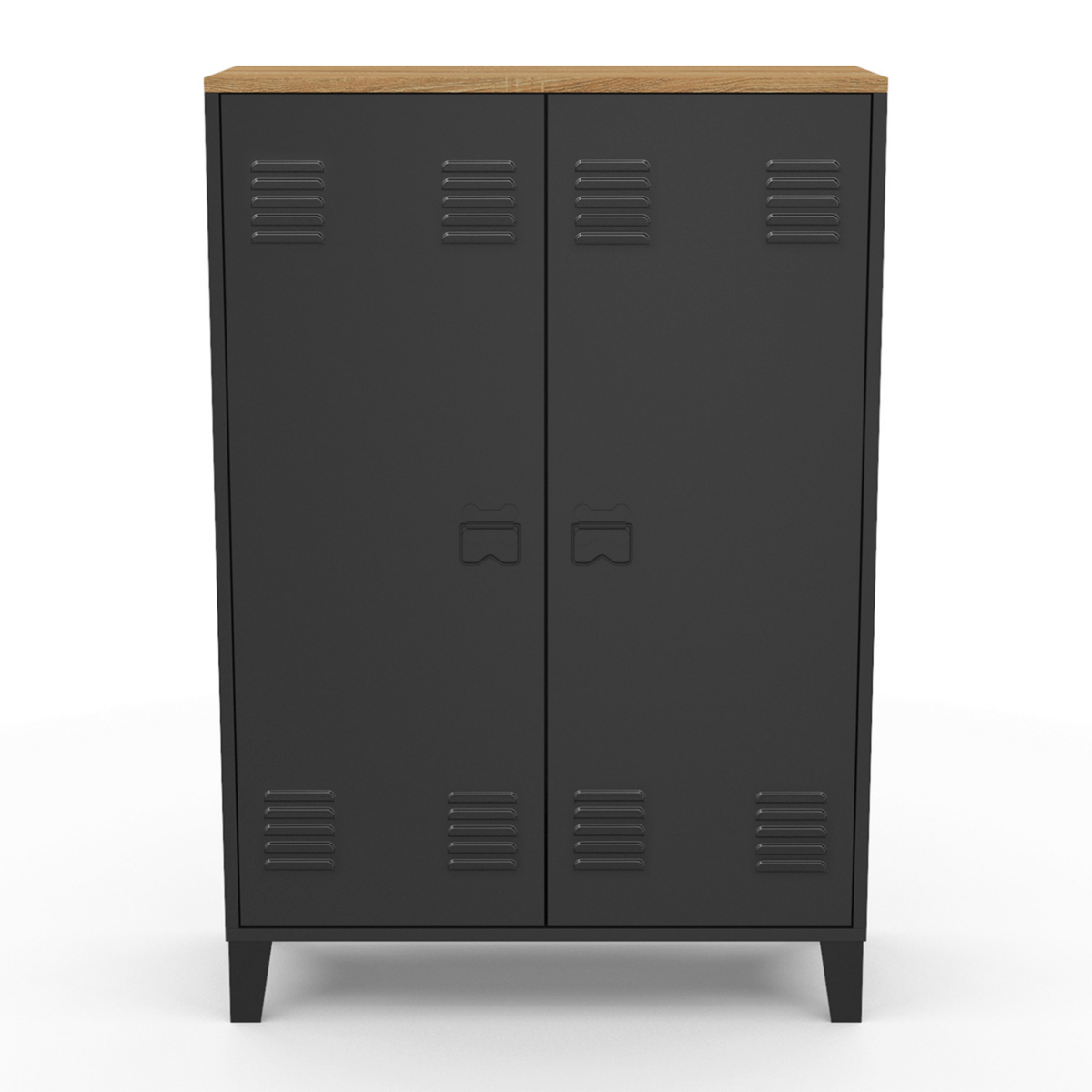 ID MARKET Armoire basse ESTER 2 portes métal noir et plateau bois design industriel