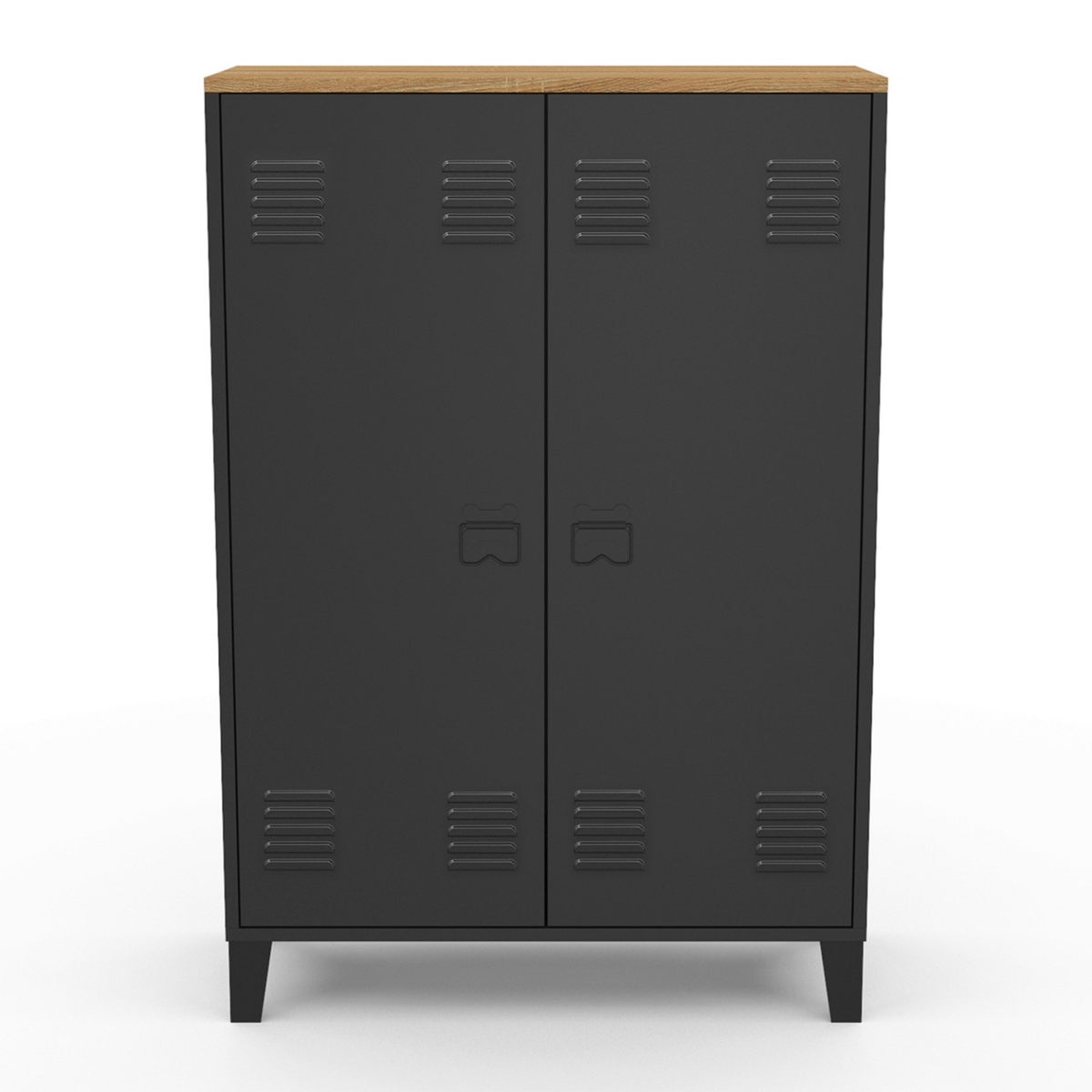 ID MARKET Armoire basse ESTER 2 portes métal noir et plateau bois design industriel