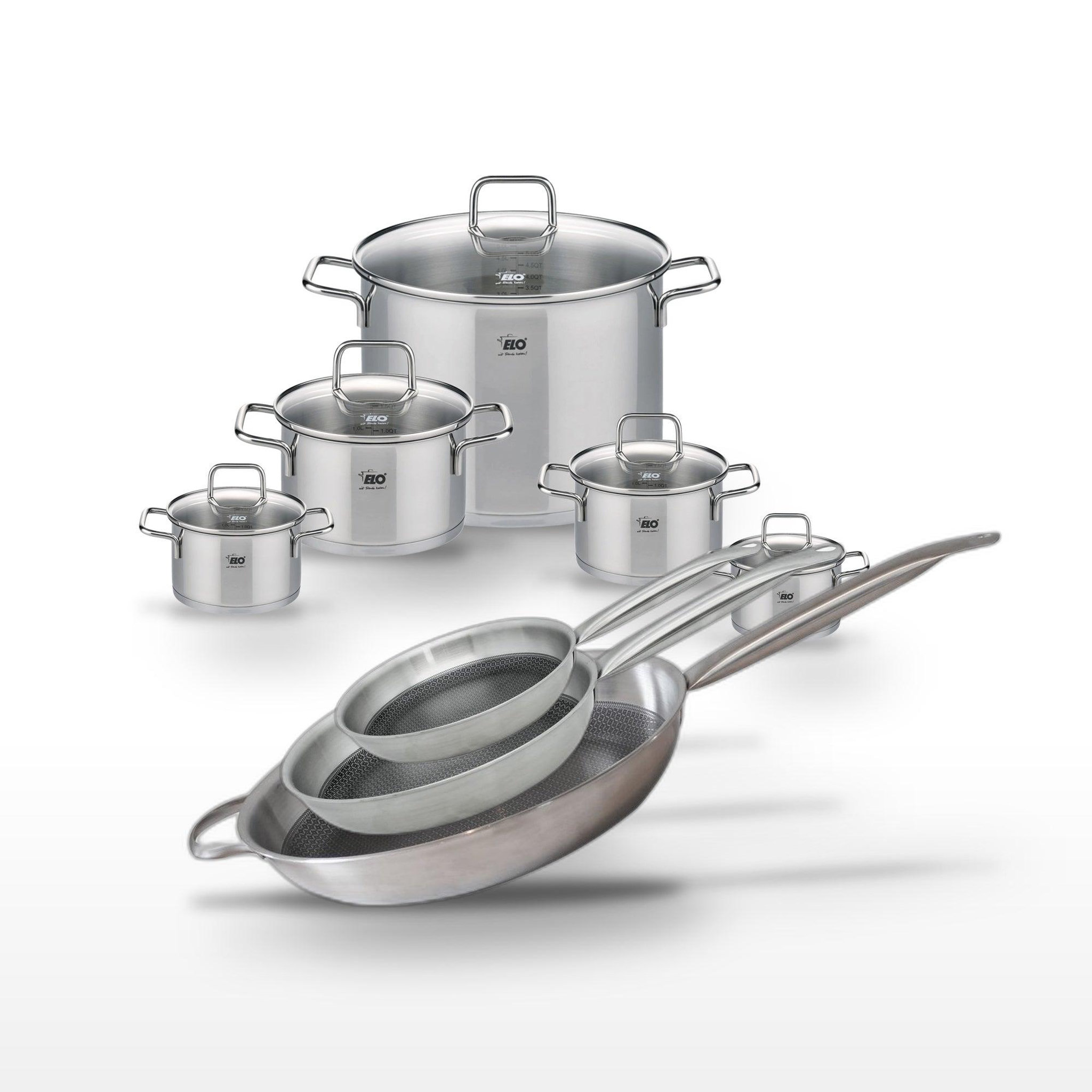 ELO Batterie de cuisine avec 2 poêles 24/28 cm et 5 faitouts 12/14/16/20/26 cm en inox sans PFAS Elo Collection Relief Solution Citrin