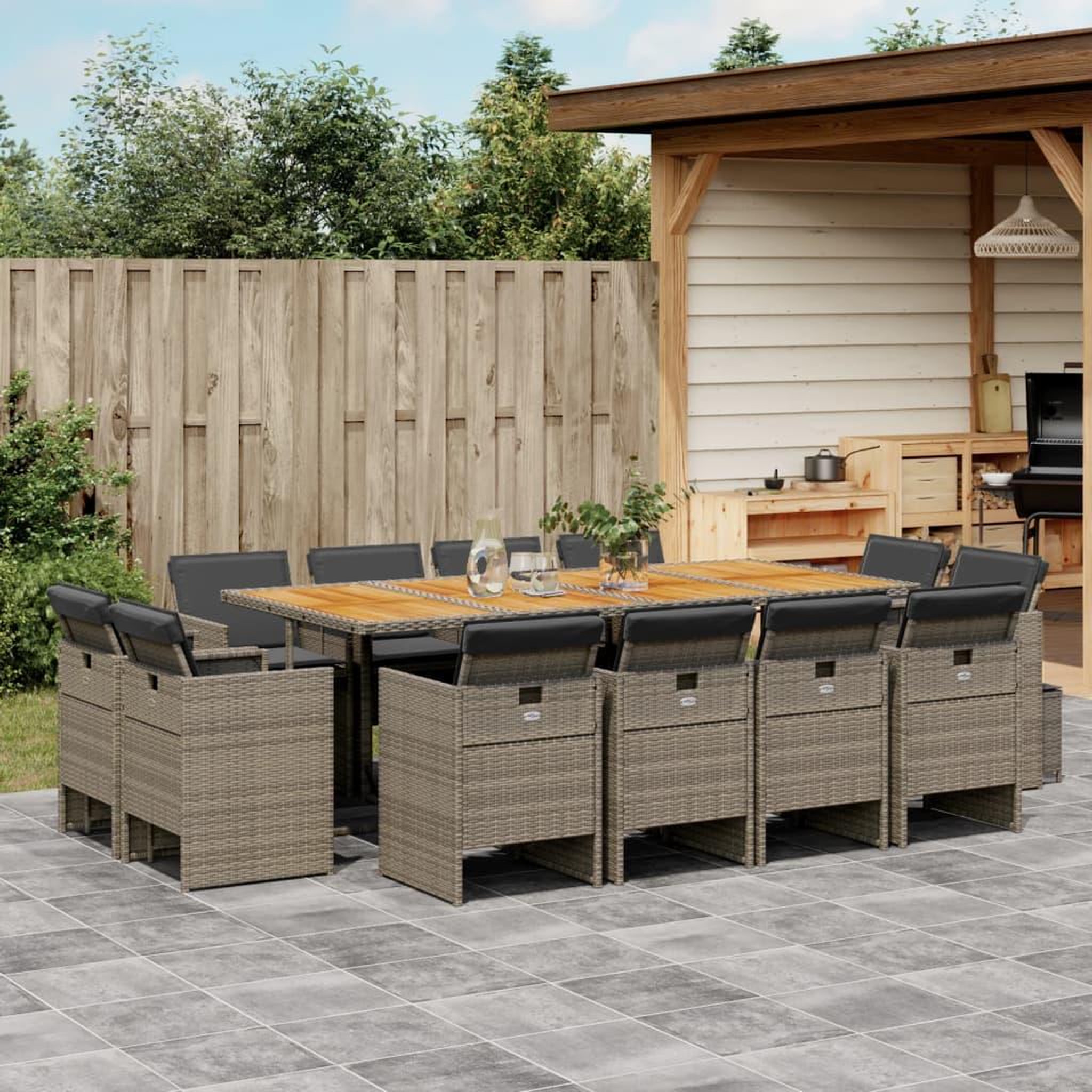 VIDAXL Ensemble a manger de jardin coussins 13 pcs gris resine tressee
