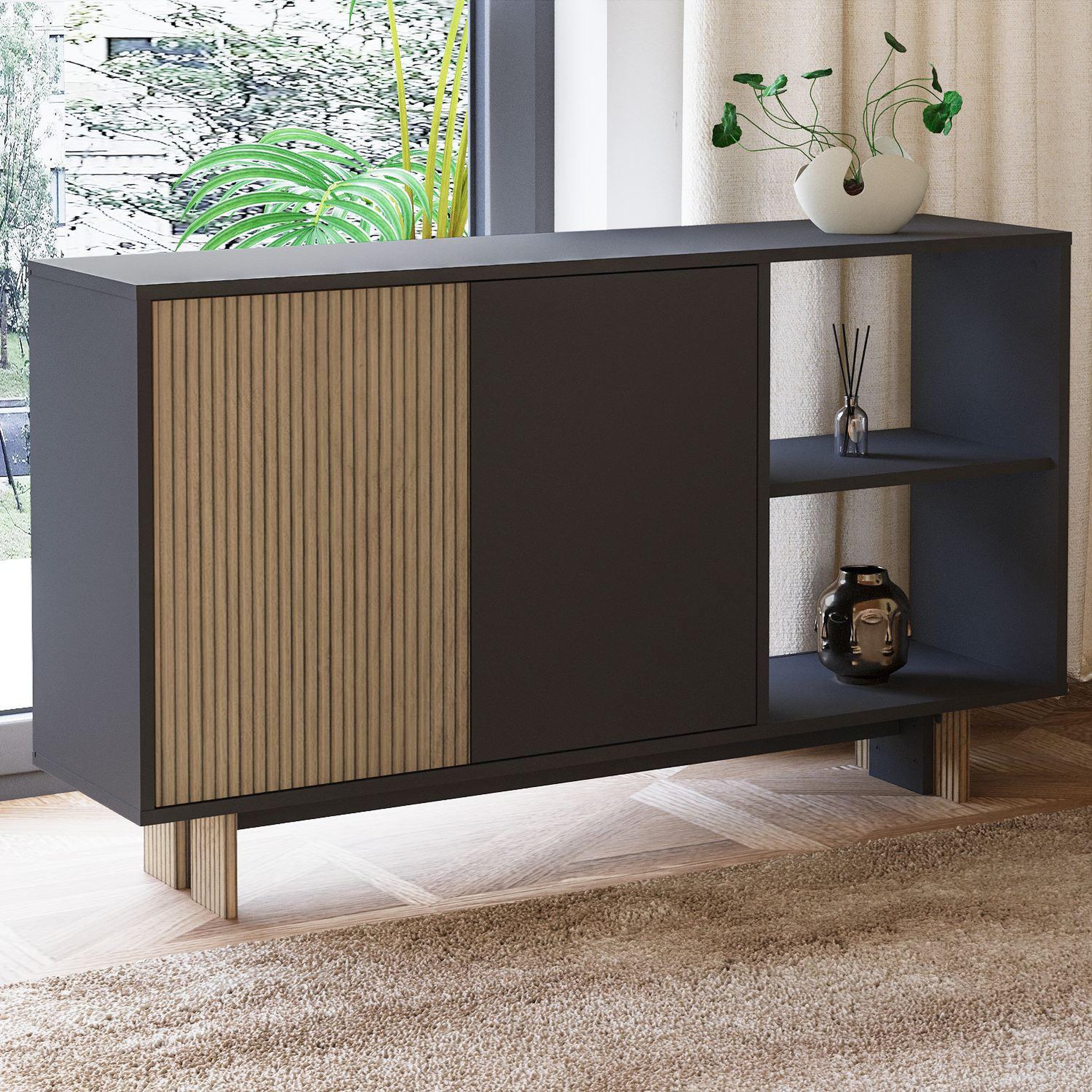 Voir la diapositive 4 : Habitat et Jardin Buffet en bois  Ravello  - 140 x 35 x 80 cm - Gris anthracite