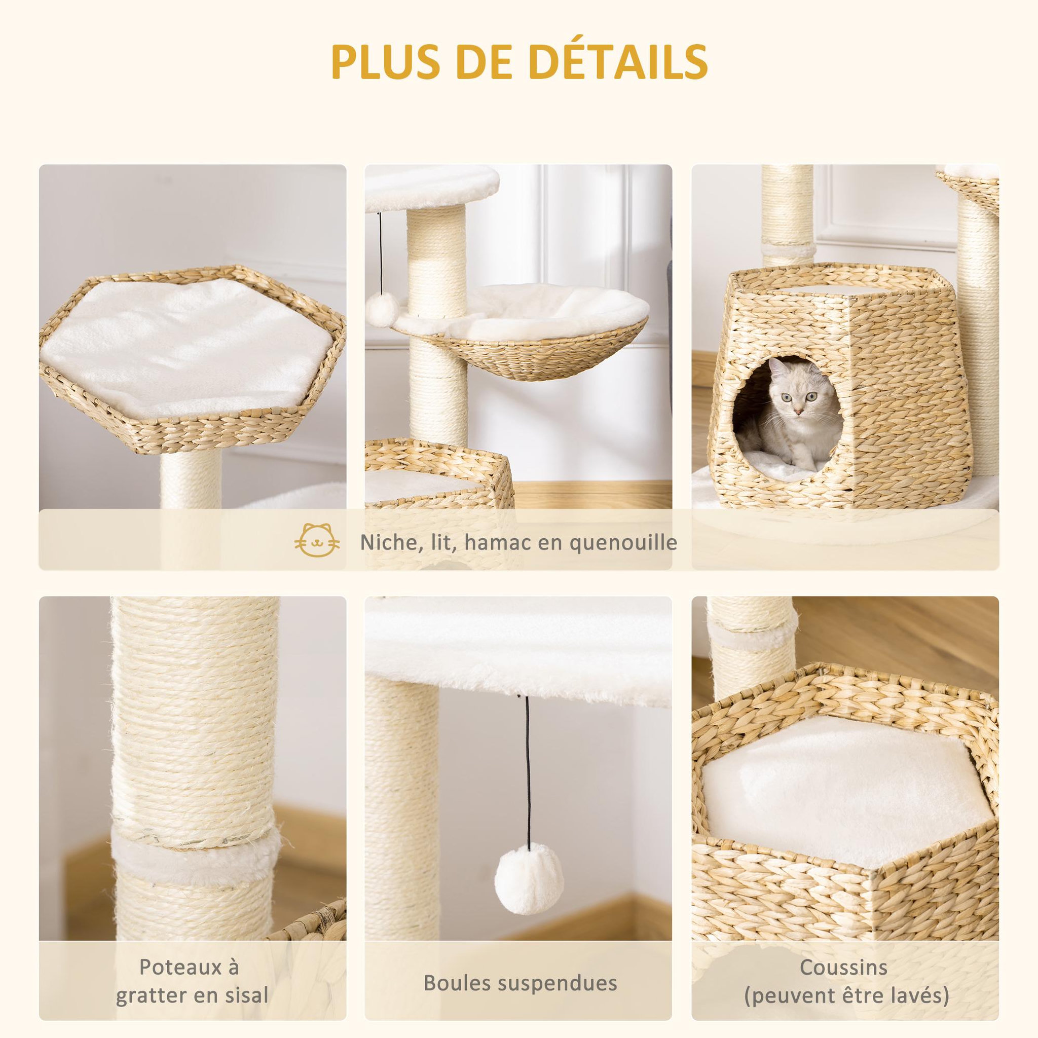Voir la diapositive 5 : PAWHUT Arbre à chat style cosy chic griffoirs sisal naturel niche 2 paniers avec coussins plateforme 2 boules suspendues quenouille peluche courte crème beige