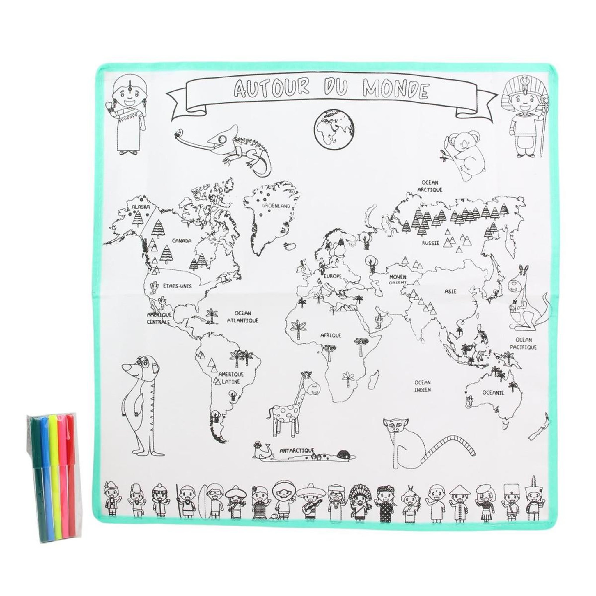 Jeux 2 momes Carte du Monde à Colorier  5 Feutres  50x50cm Blanc