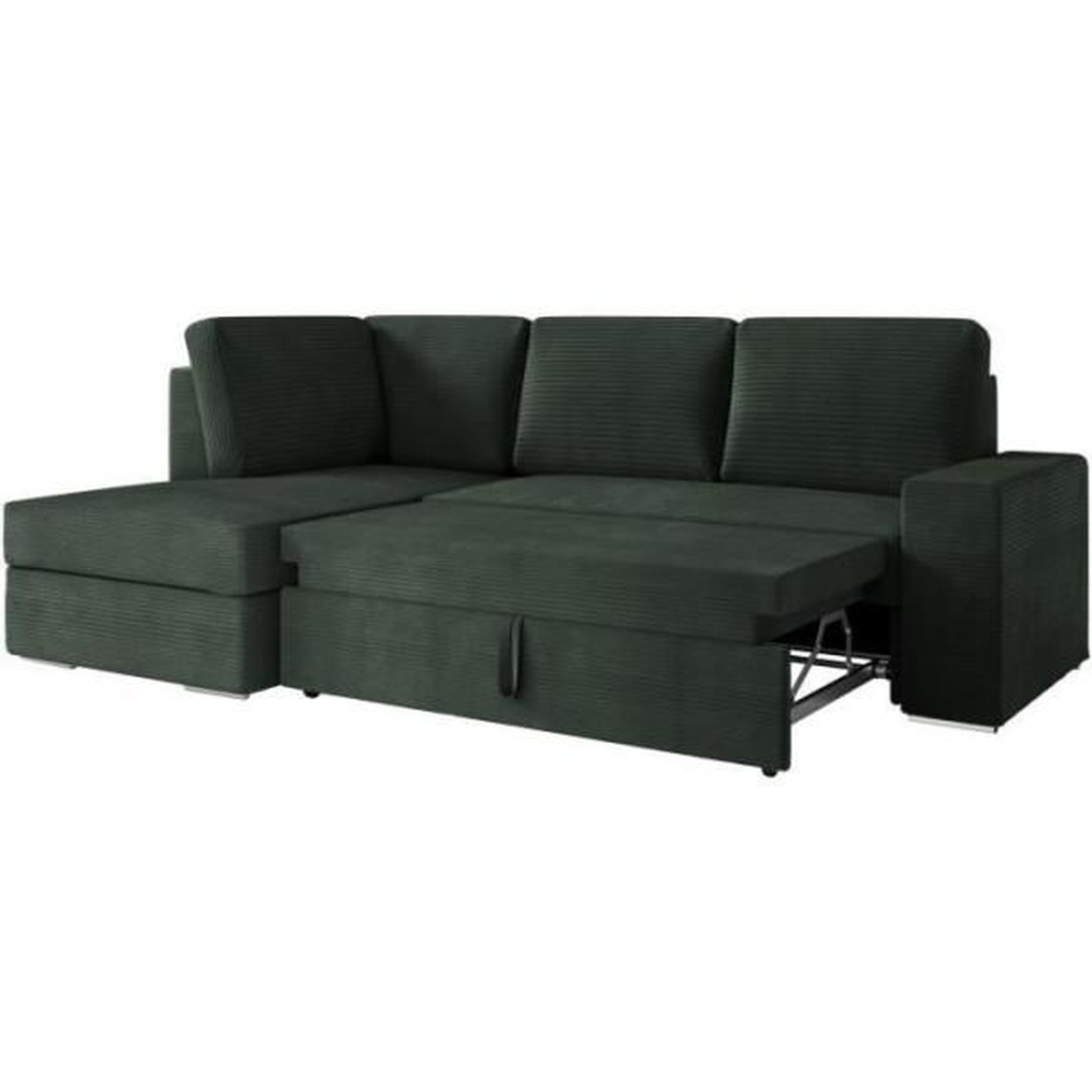 Voir la diapositive 4 : LOUNGITUDE Canapé d'angle gauche 3 places convertible ADEN avec coffre en velours côtelé - Vert foncé - L246 x P174 x H96cm - LOUNGITUD