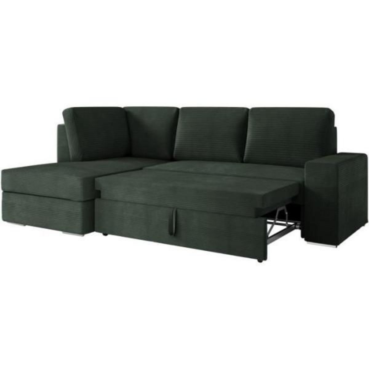 LOUNGITUDE Canapé d'angle gauche 3 places convertible ADEN avec coffre en velours côtelé - Vert foncé - L246 x P174 x H96cm - LOUNGITUD