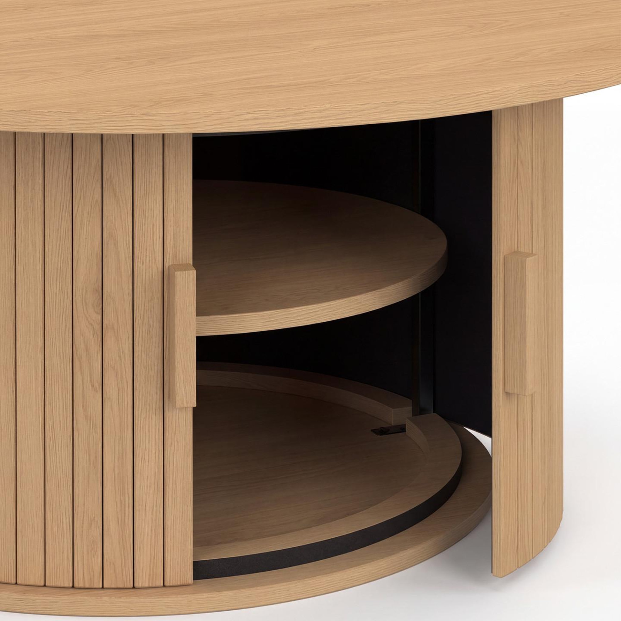 Voir la diapositive 5 : ID MARKET Table basse ronde juliette 100 cm avec rangement lattes tasseau bois coloris chêne
