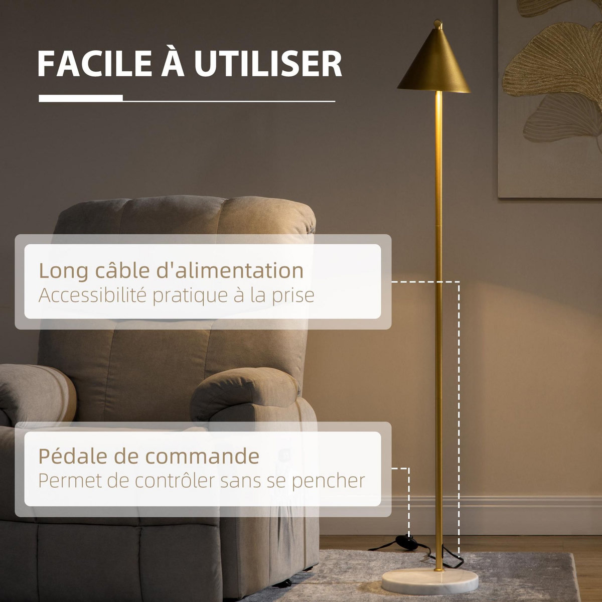 HOMCOM Lampadaire sur pied salon 40W acier doré abat-jour conique orientable base marbre