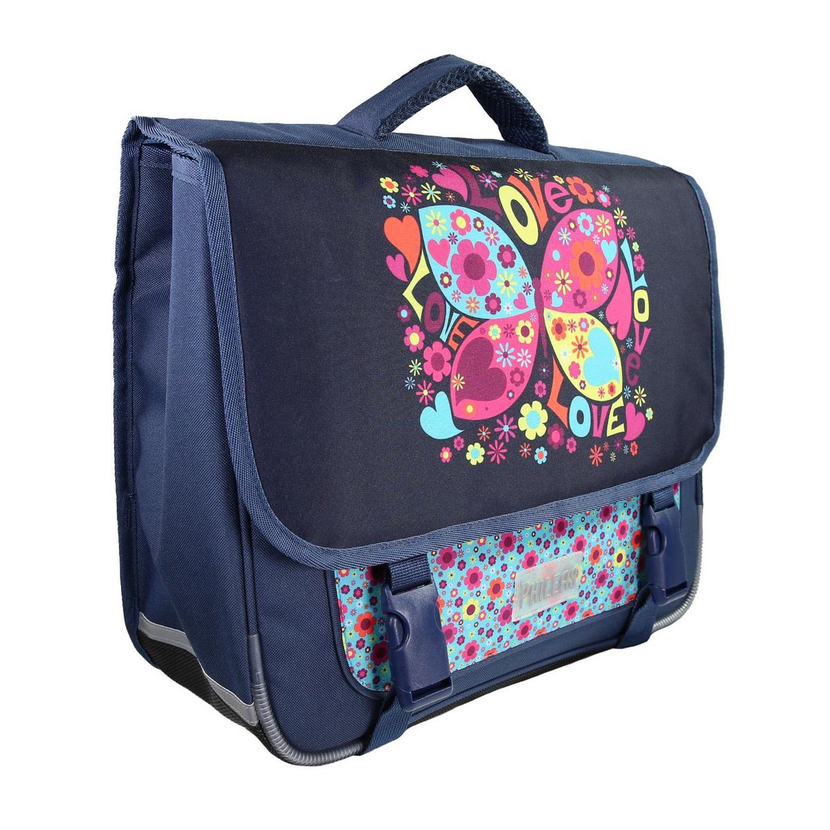 Bagtrotter Cartable Scolaire Primaire 38cm Phileas - Papillon Bleu Marine  2 Compartiments - Bagtrotter
