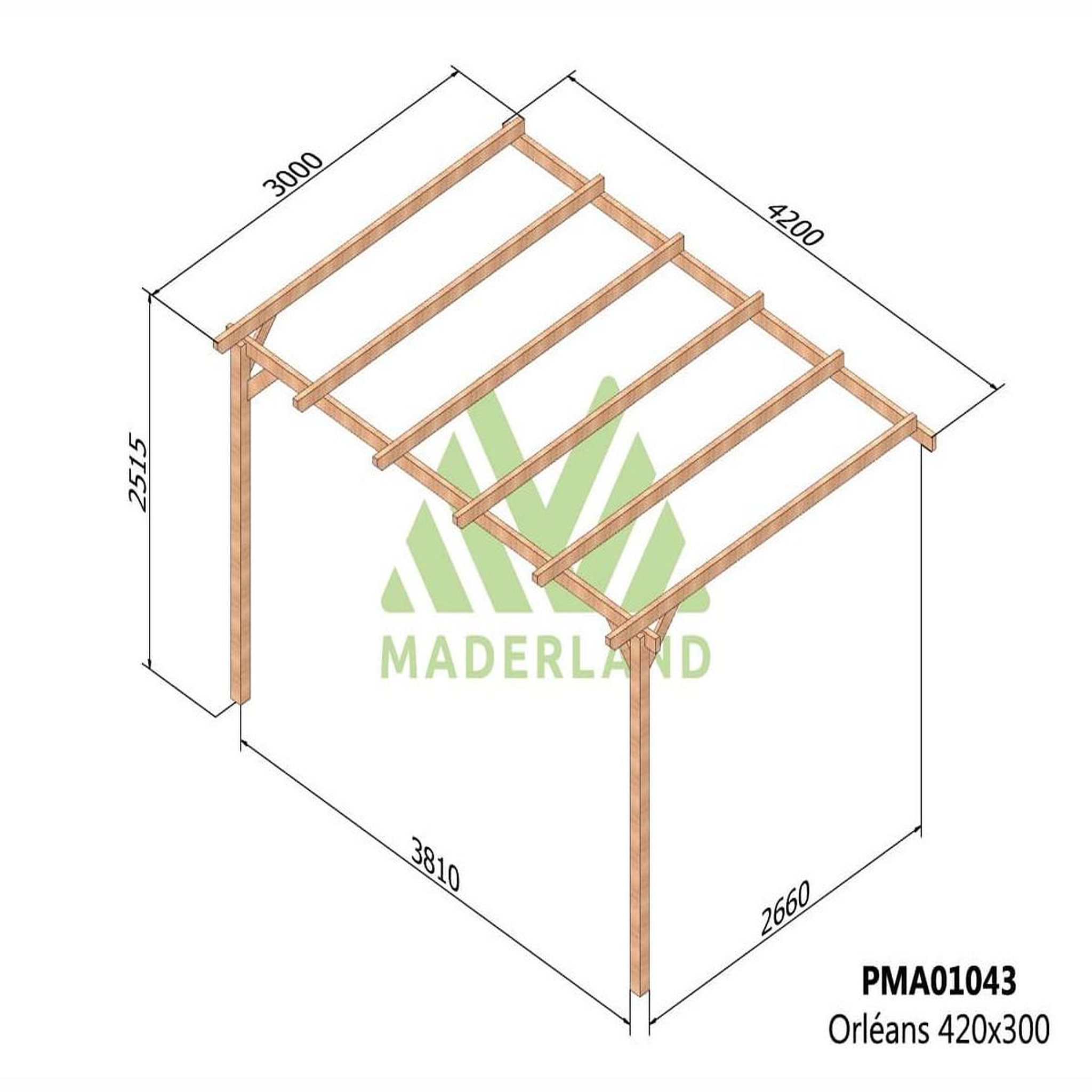 Voir la diapositive 2 : JARDIDECO Pergola adossée en bois massif orléans 420 x 300 cm- maderland