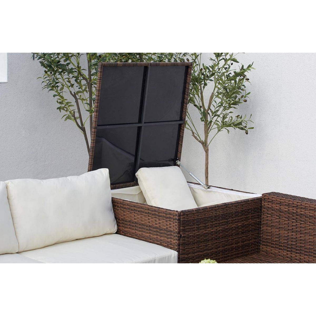 CONCEPT USINE Salon de jardin en résine tressée 4 places avec coffre intégré marron et blanc SILANG