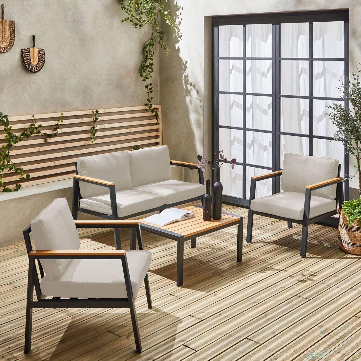 SWEEEK Salon de jardin Casoria, aluminium et polywood 4 places, 1 canapé, 2 fauteuils, 1 table basse