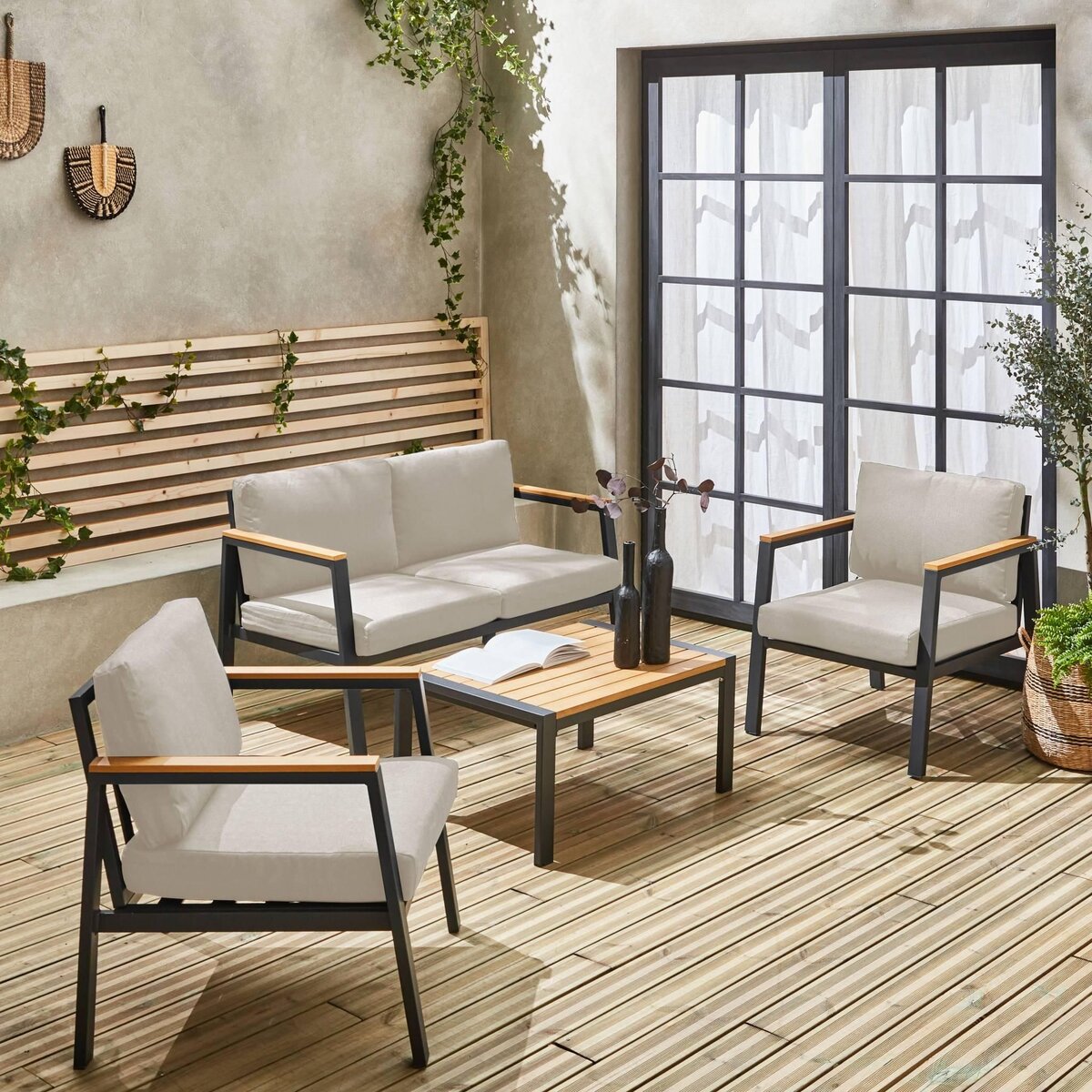 SWEEEK Salon de jardin Casoria, aluminium et polywood 4 places, 1 canapé, 2 fauteuils, 1 table basse