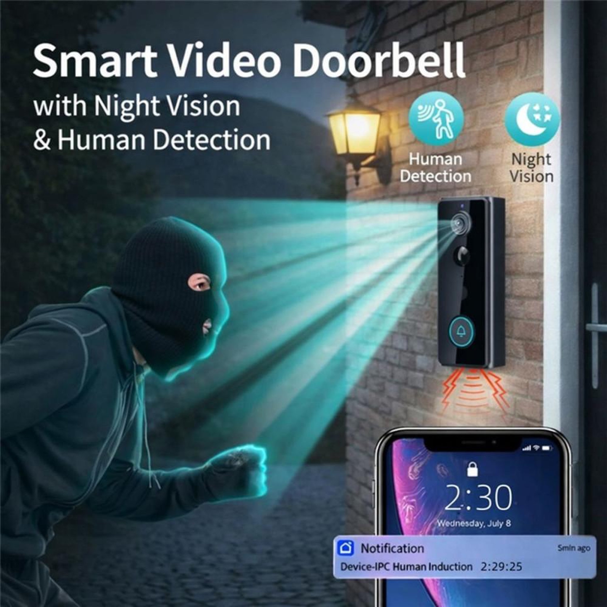 Voir la diapositive 5 : Carillon visiophone IP sans fil Ultra HD 166° noir avec détection PIR+IA, IP65, vision nocturne, audio bidirectionnel, stockage TF et carillon bleu