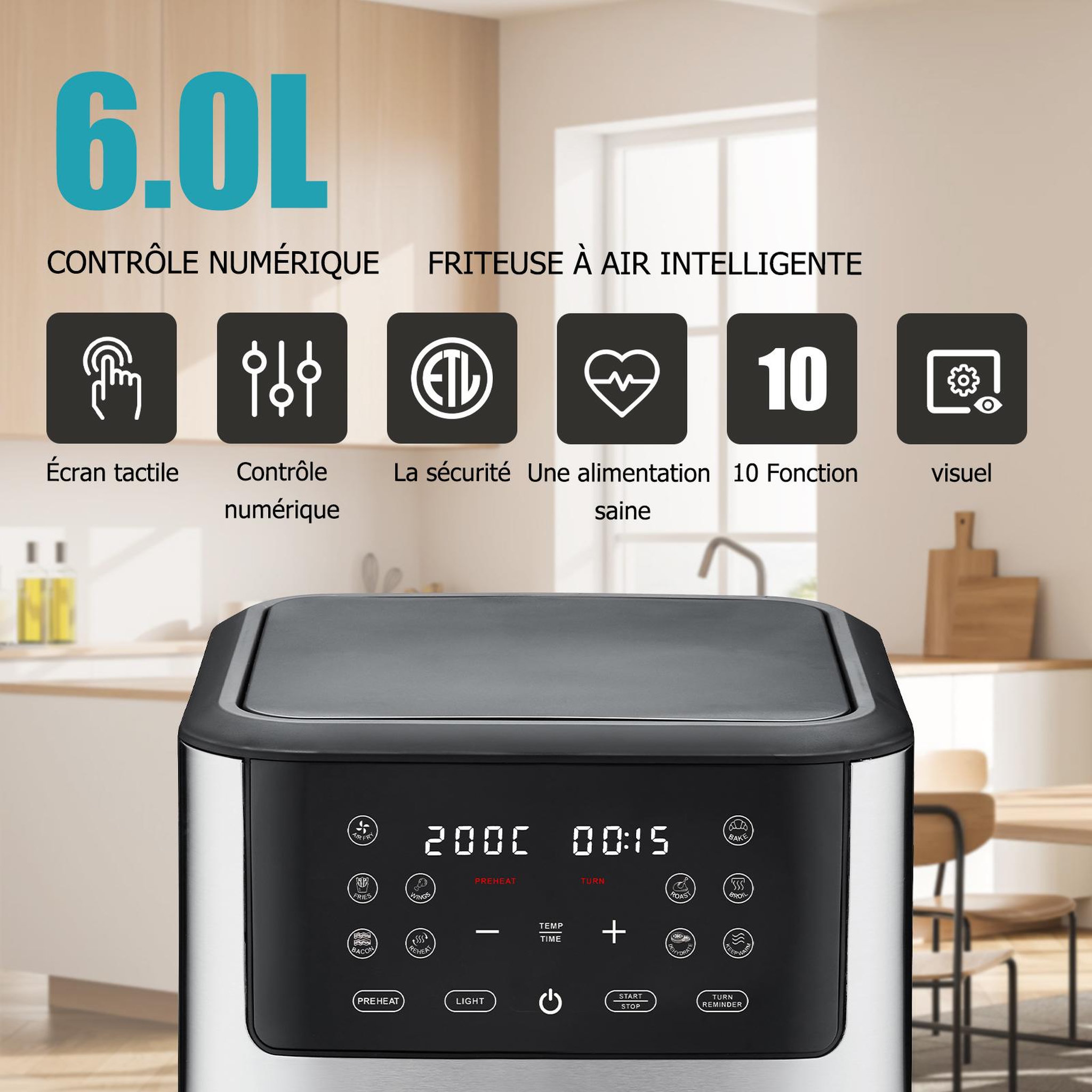 Voir la diapositive 6 : DEIME DEIME - Airfryer 6 l 1500 w 10 programmes avec fenêtre de cuisson – inox