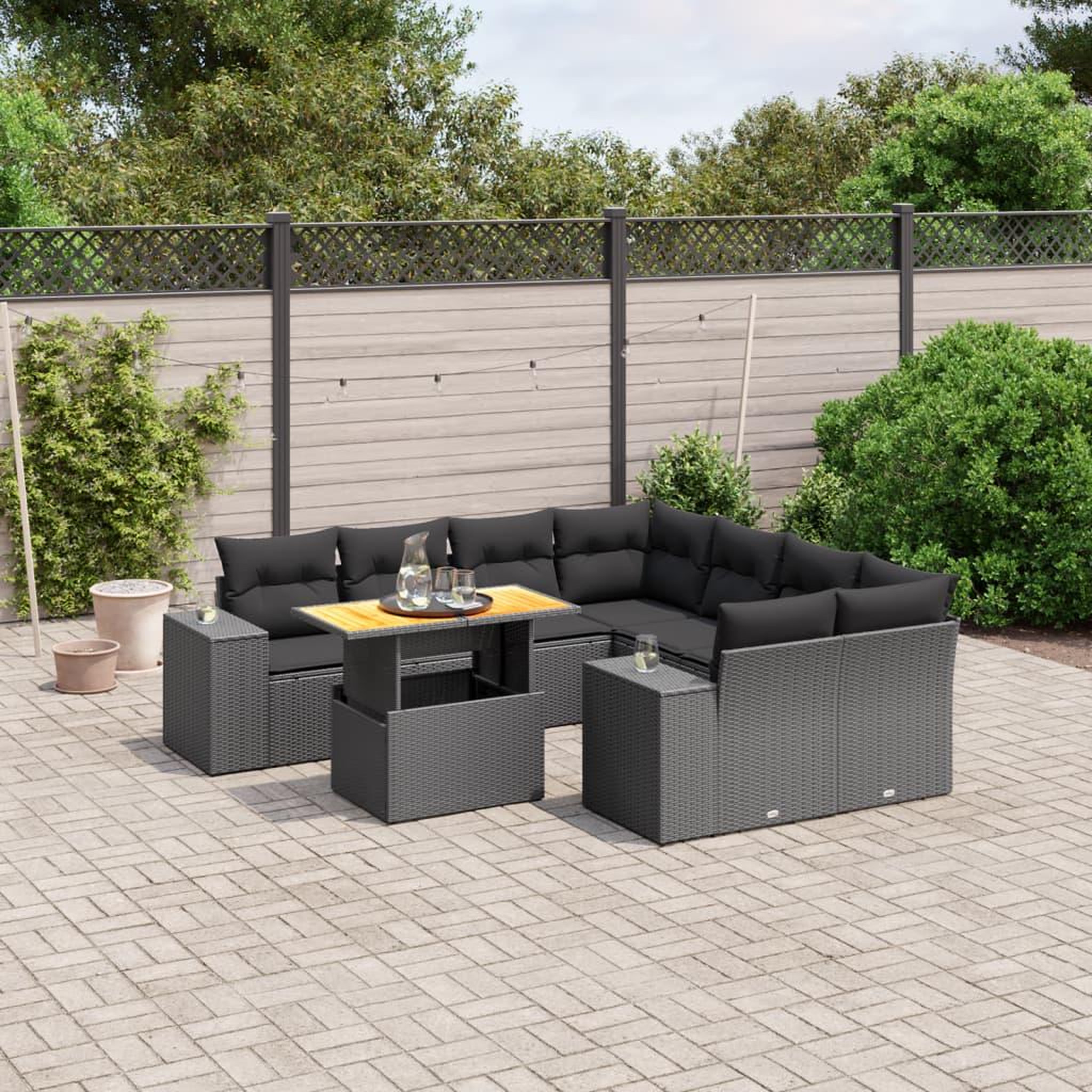VIDAXL Salon de jardin 9 pcs avec coussins noir resine tressee