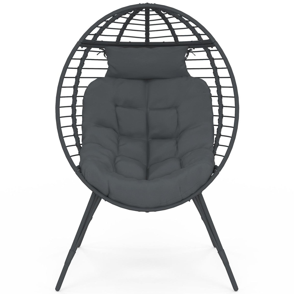 ID MARKET Fauteuil œuf sur pied ajouré gris effet rotin avec coussin gris