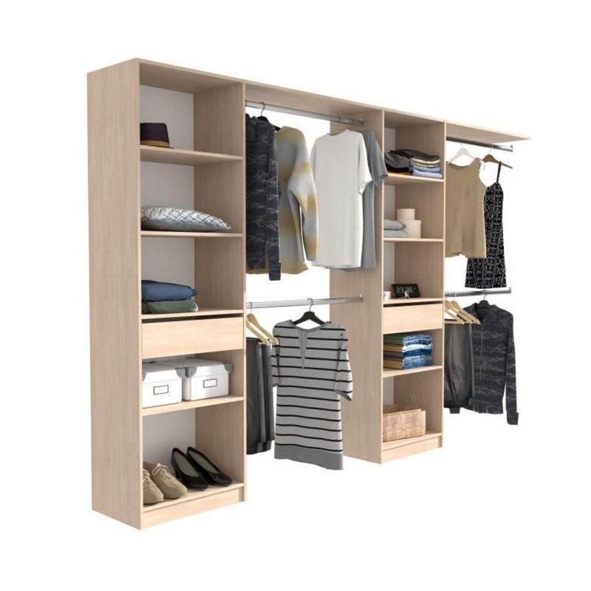 EKIPA EKIPA Dressing extensible - 2 colonnes avec 2 tiroirs et 10 étageres + 4 penderies - Décor chene - L 320 x P 40 x H 200 cm - D