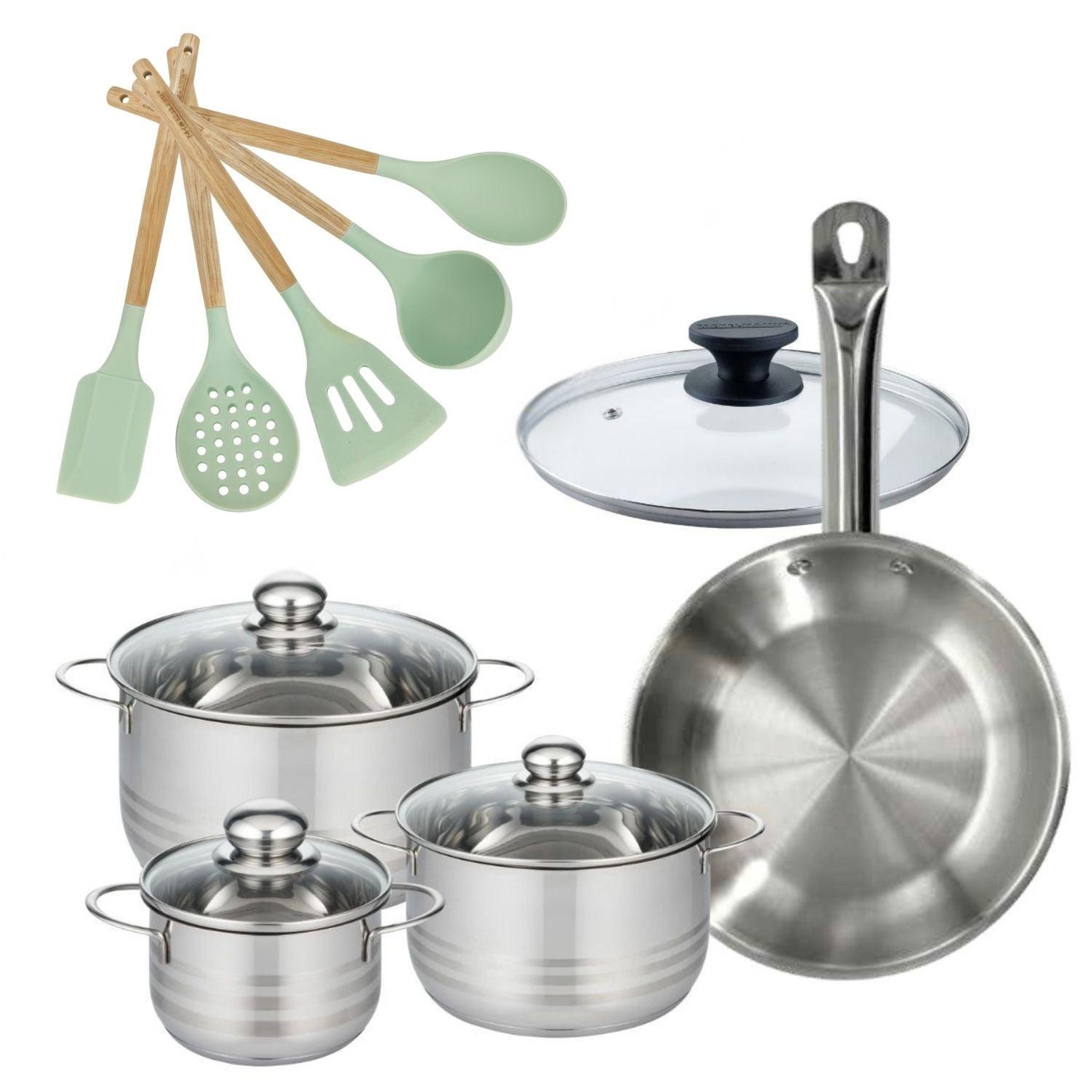 Fackelmann Batterie de cuisine avec 3 faitouts 16/20/24 cm et 1 poêle 28 cm avec 6 ustensiles de cuisine fackelmann etherna brillant fenix océan avec couvercles
