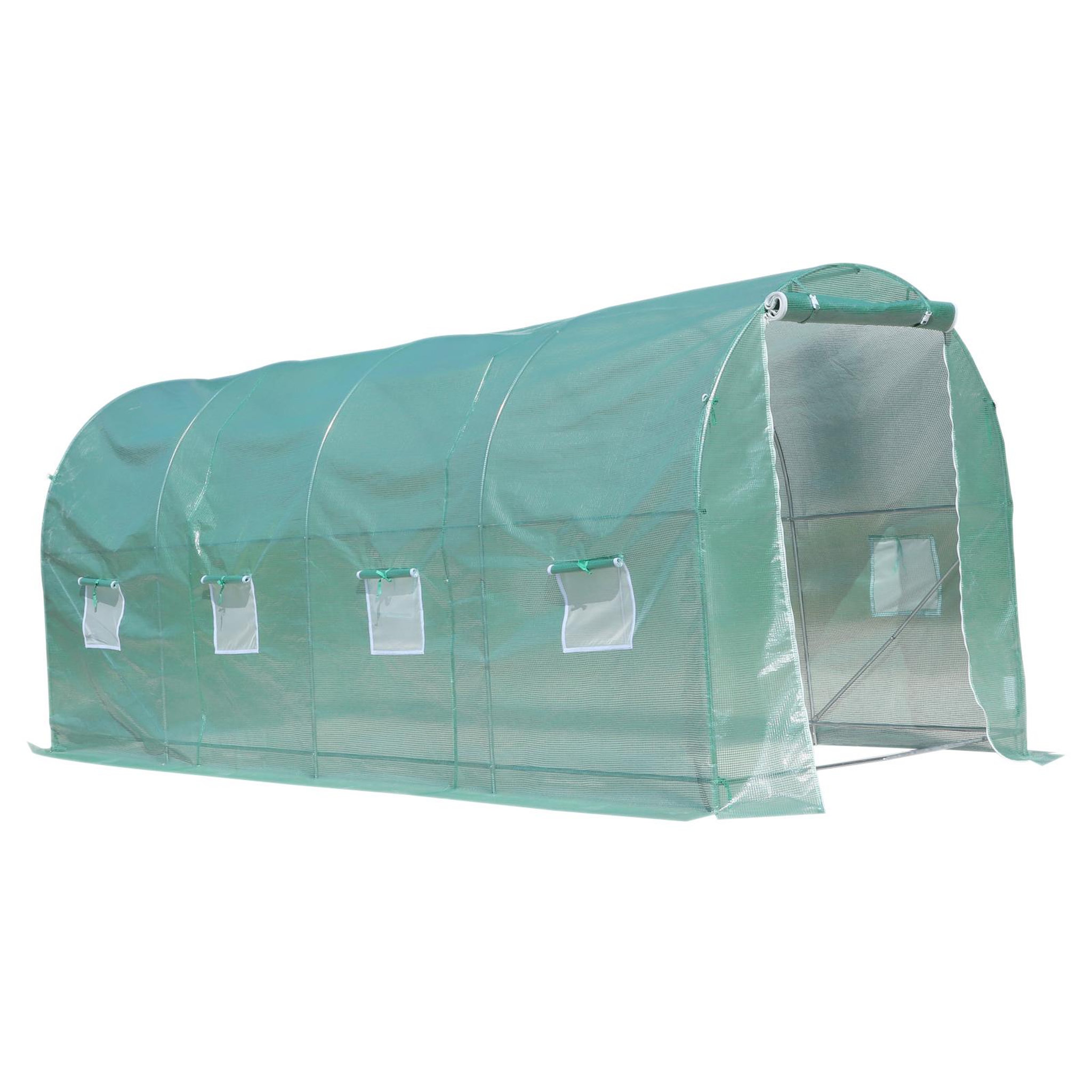 Voir la diapositive 4 : OUTSUNNY Serre de jardin tunnel surface sol 10 m² 5l x 2l x 2,10h m châssis tubulaire renforcé porte zippée 8 fenêtres enroulables vert