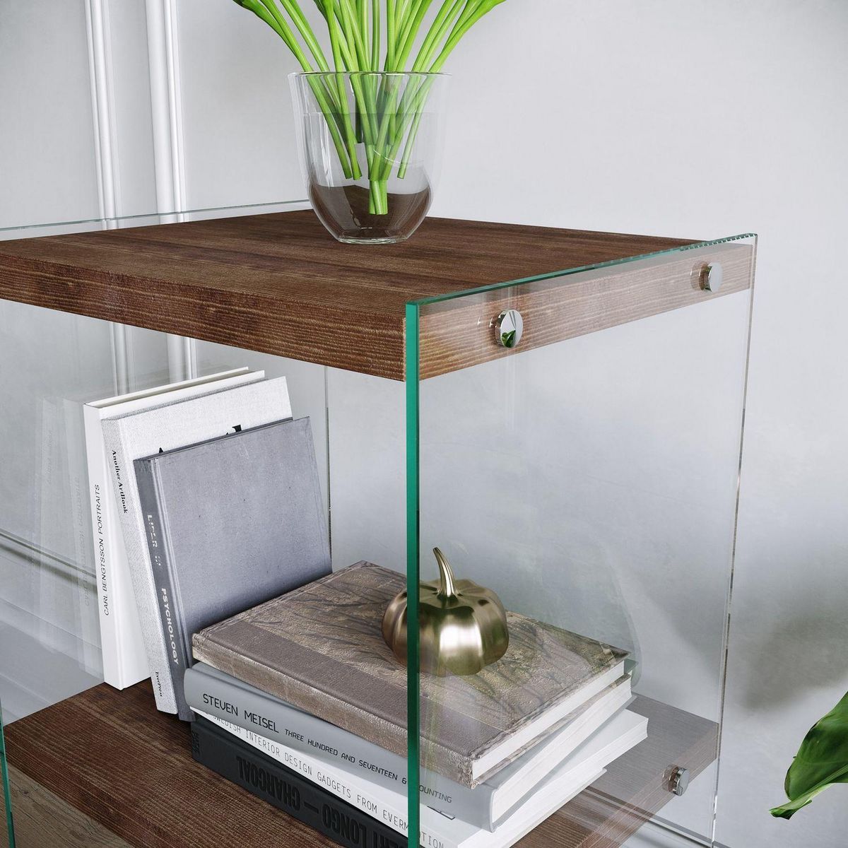 TOILINUX Bibliothèque 2 étagères en verre et bois de Pin H.80xL.40 cm - Marron