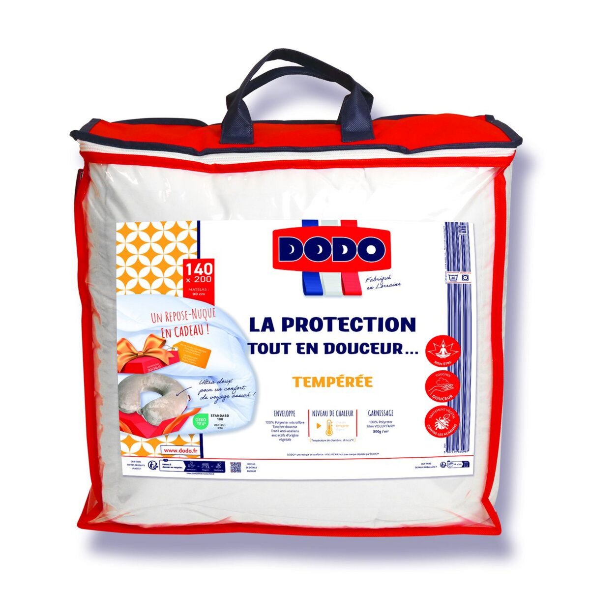 Couette tempérée DODO 140x200 cm - 1 personne - Protection anti punaise,  anti acarien - 300G/m² - Blanc - Fabriqué