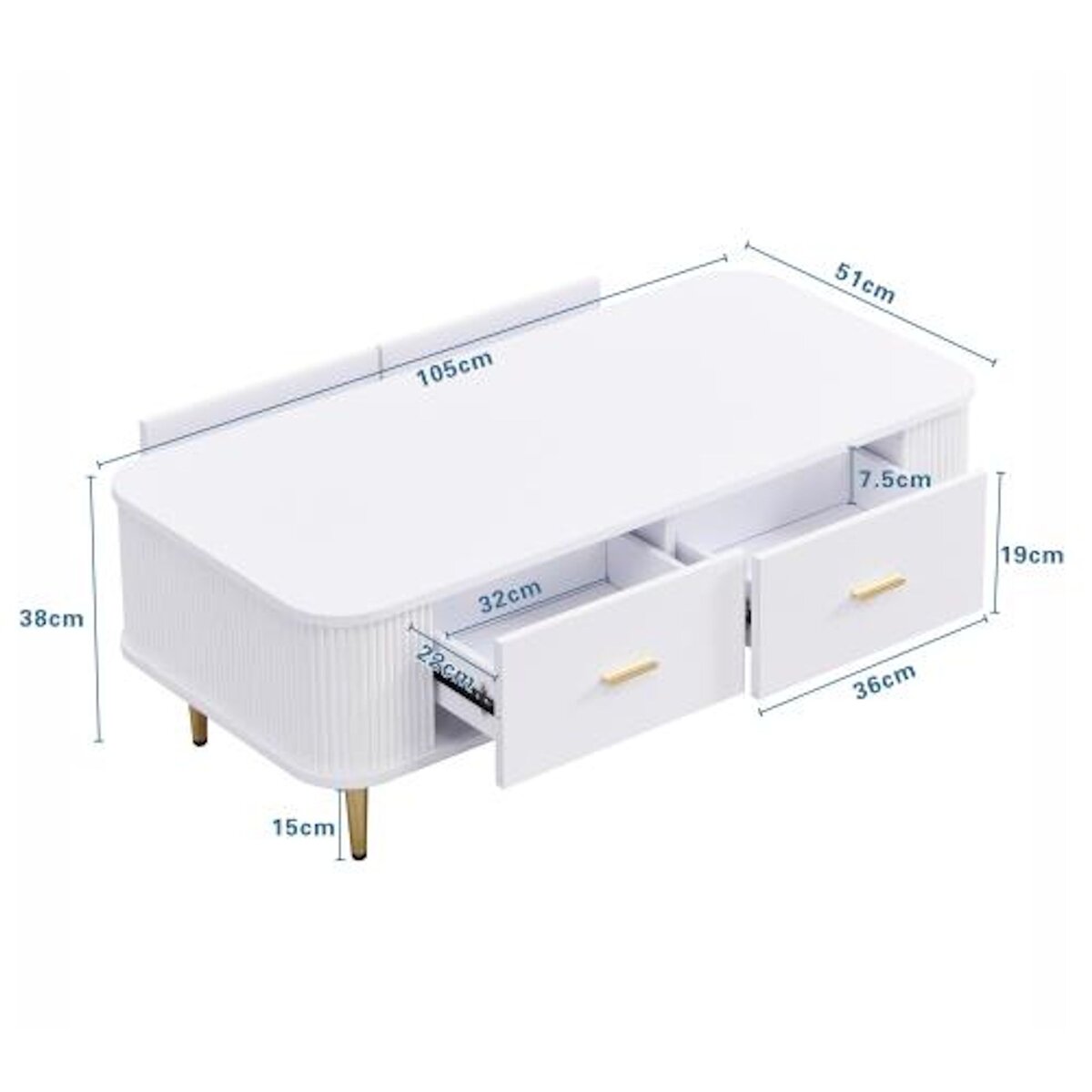 MERAX Table basse rectangulaire blanc avec 4 tiroirs - 51x105 cm mdf