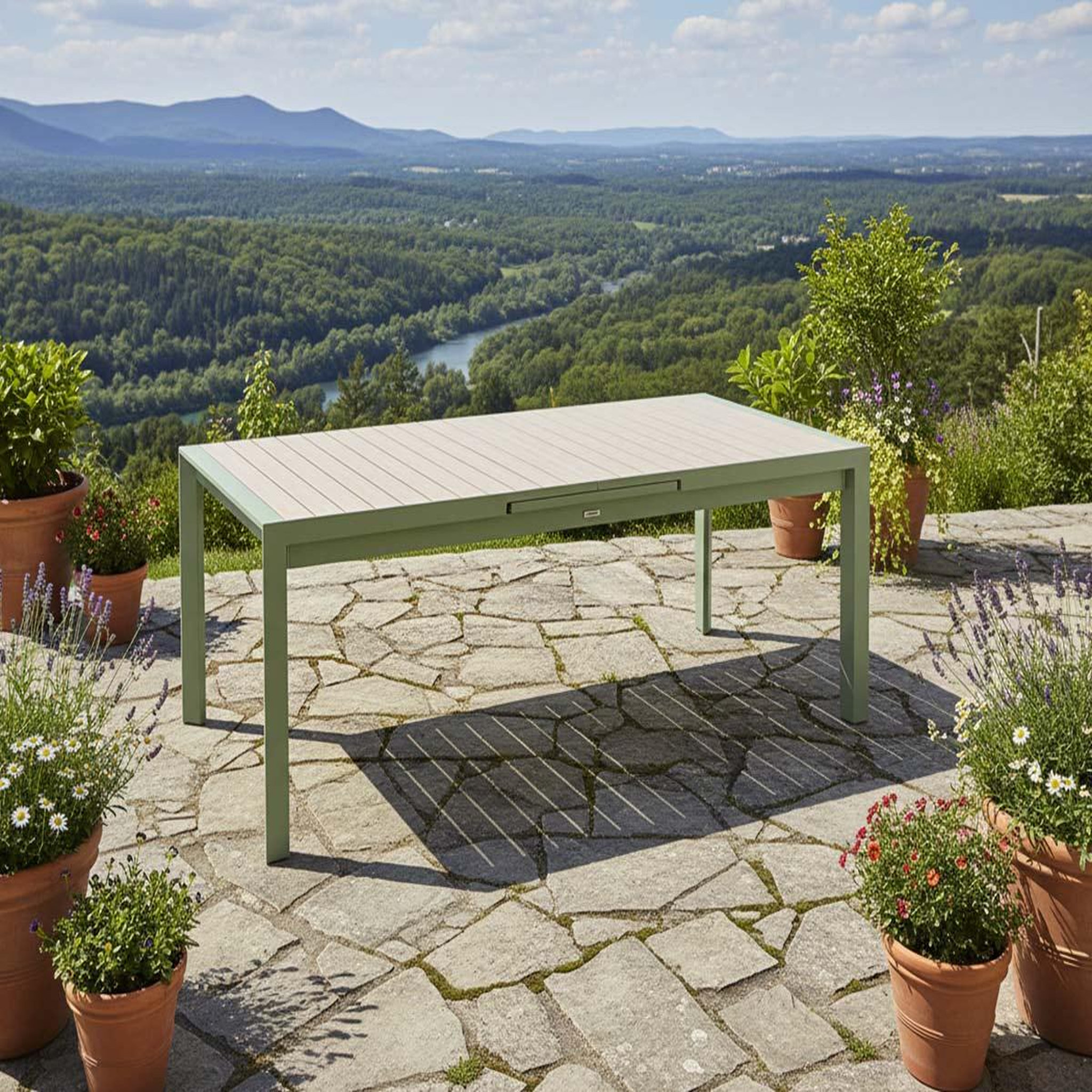 Voir la diapositive 2 : HESPERIDE Table de jardin rectangulaire extensible en aluminium evasion lin/vert laurier graphite 8/10 places - hespéride