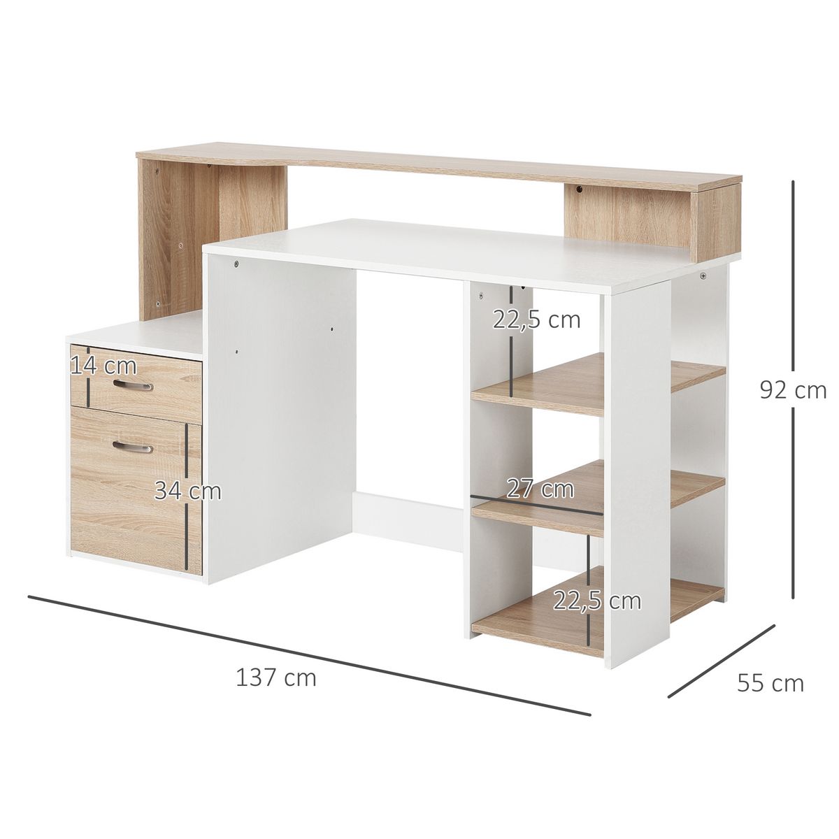 HOMCOM HOMCOM Bureau Informatique multimédia Design Multi-rangements 137 L x 55 l x 92 H cm chêne Blanc