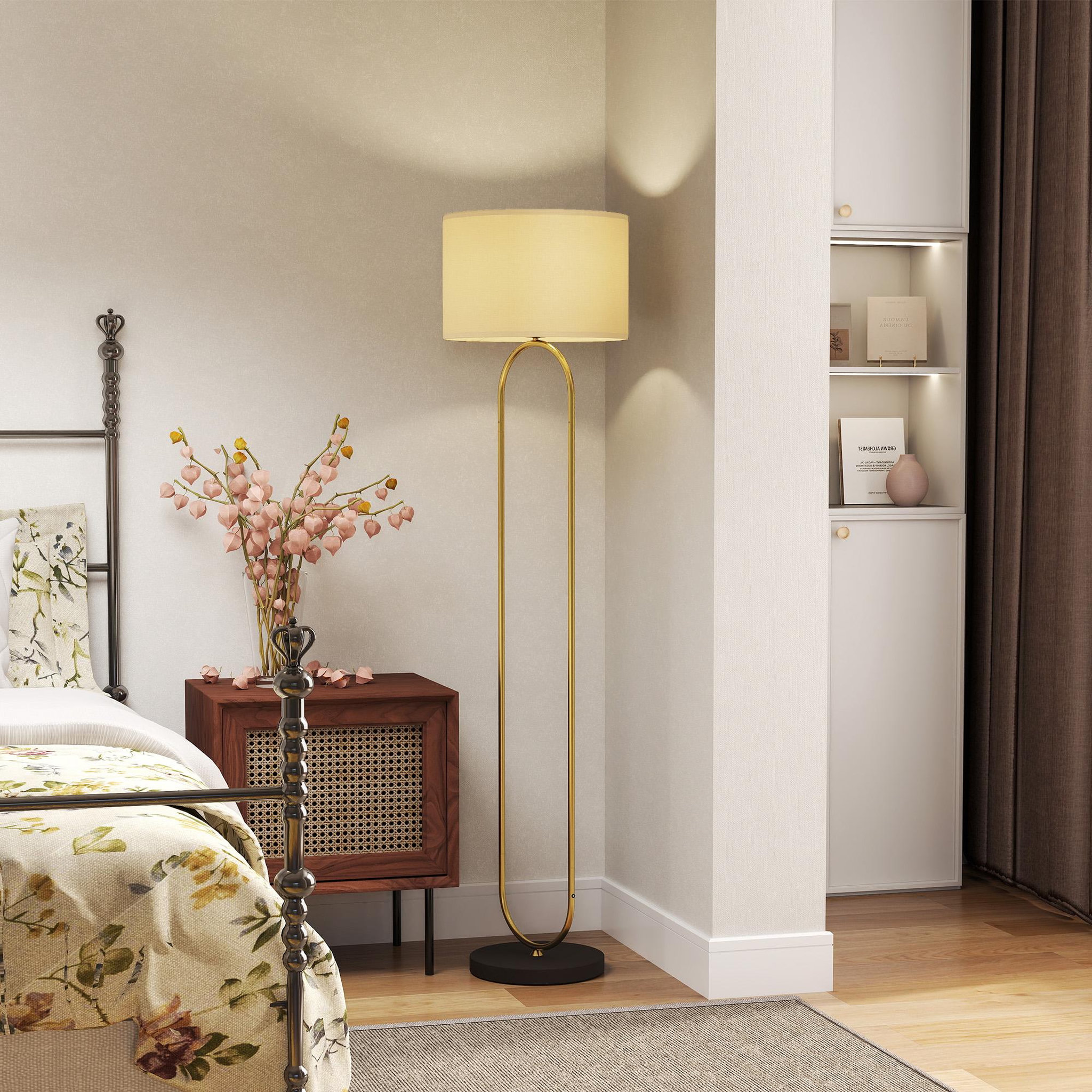Voir la diapositive 2 : HOMCOM Lampadaire design néo-rétro H.156 cm structure mât métal doré arrondi abat-jour tissu lin