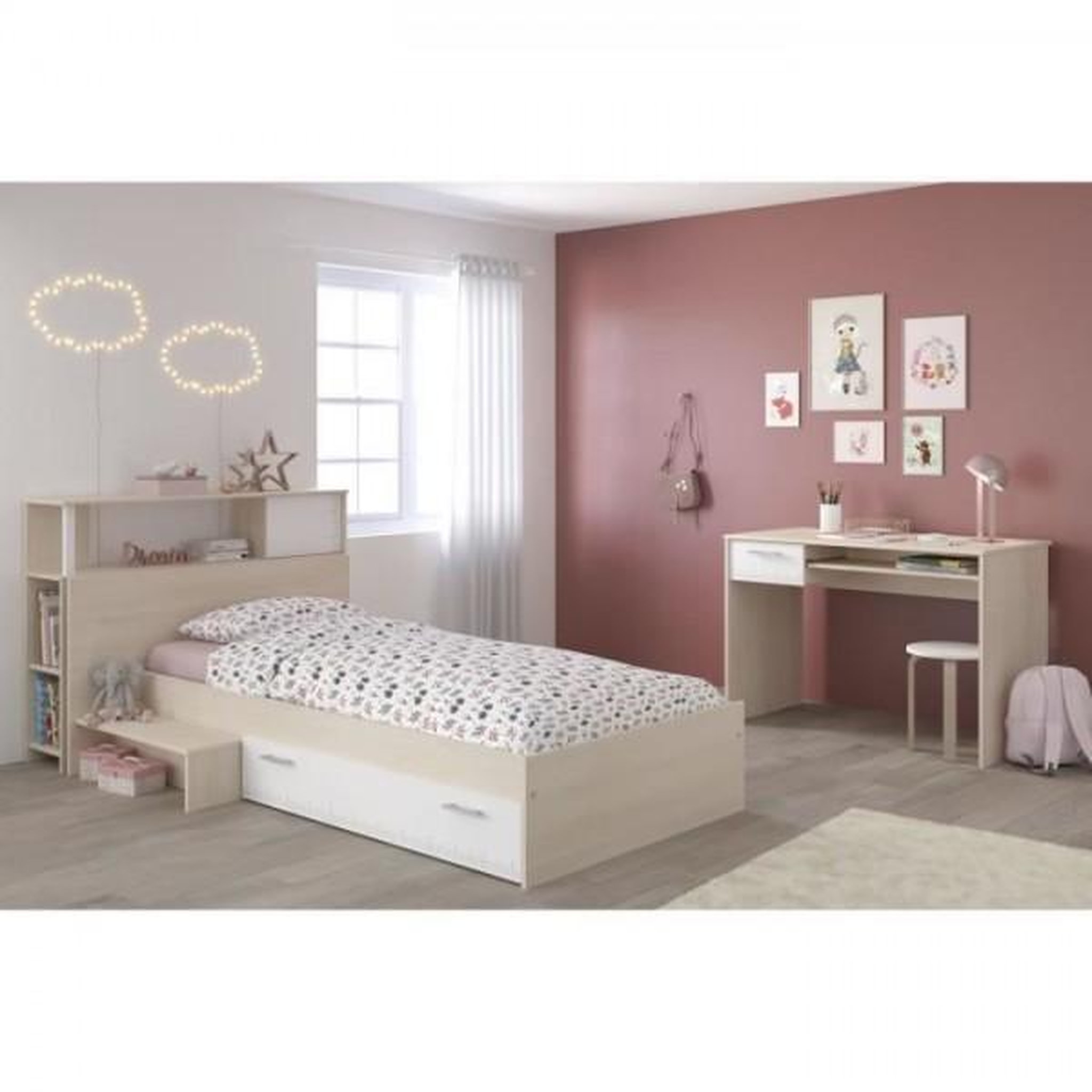 Voir la diapositive 2 : PARISOT PARISOT Chambre enfant complete Tete de lit + lit + bureau - Style contemporain - Décor acacia clair et blanc - CHARLEMAGNE
