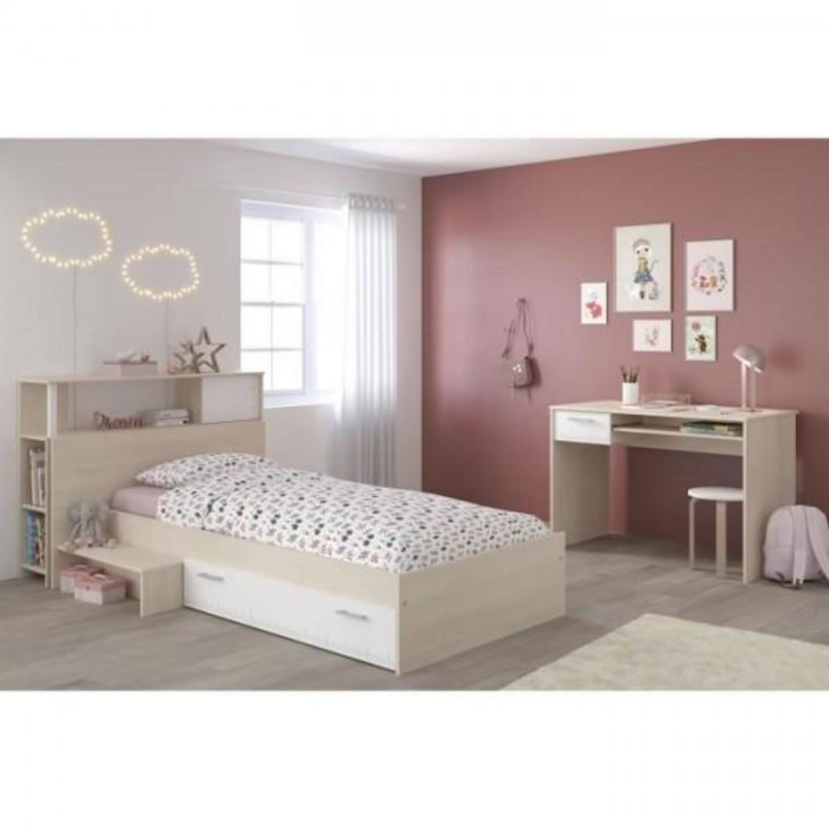 PARISOT PARISOT Chambre enfant complete Tete de lit + lit + bureau - Style contemporain - Décor acacia clair et blanc - CHARLEMAGNE
