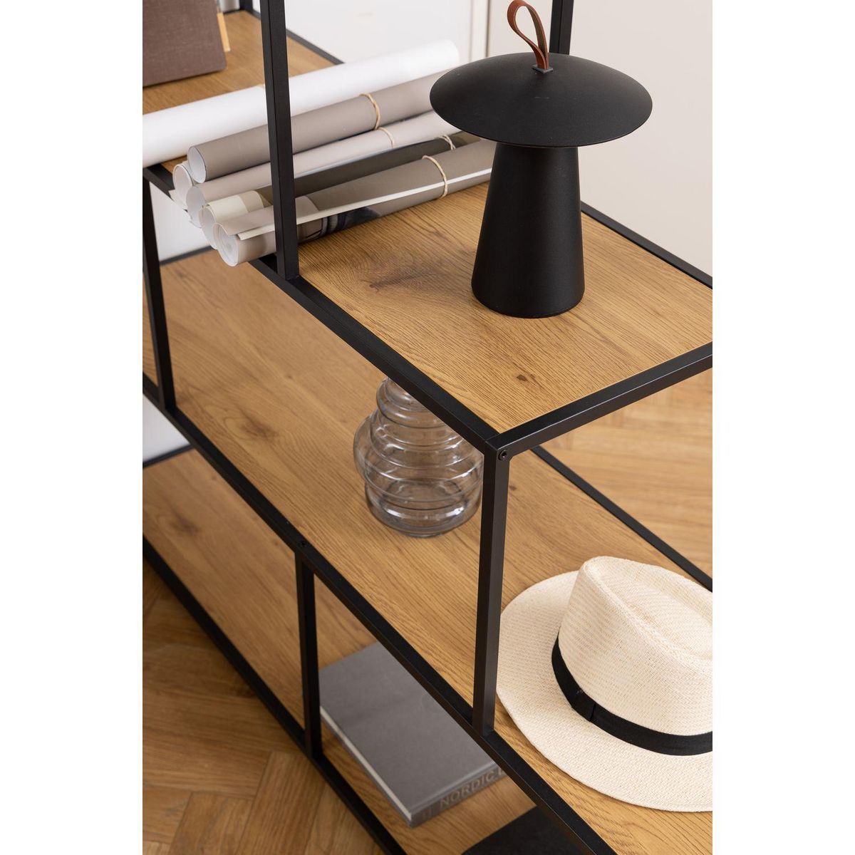 TOILINUX Bibliothèque escalier sur 4 niveaux en Métal et Mélamine - H.135 cm - Noir et Beige