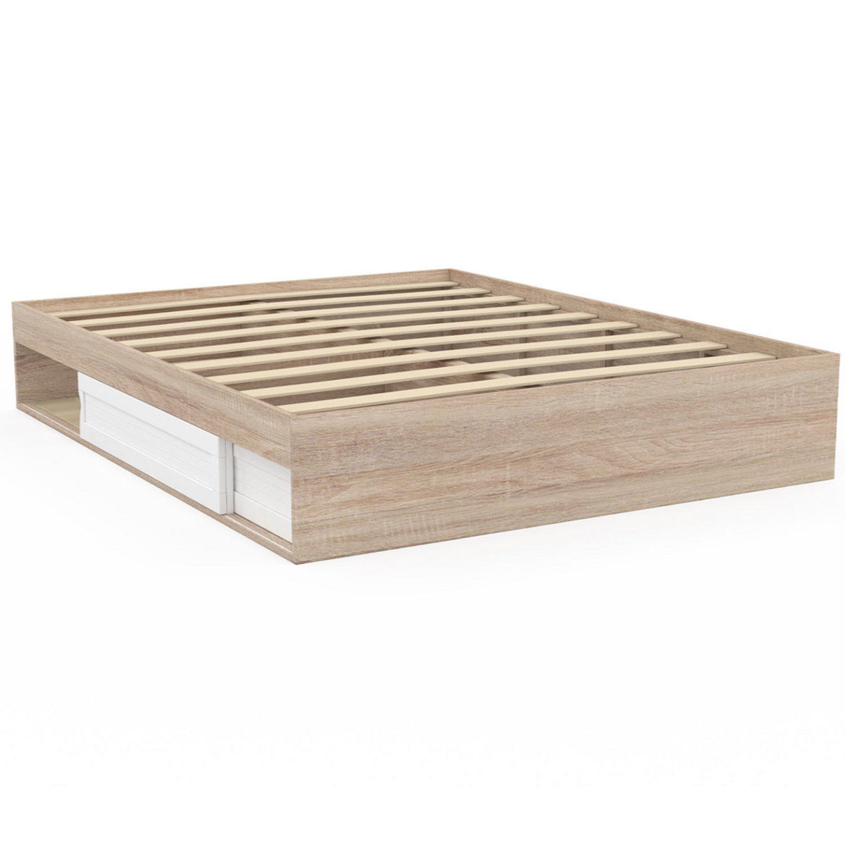 ID MARKET Cadre de lit double SALEM avec rangements et sommier 160 x 200 cm façon hêtre et blanc