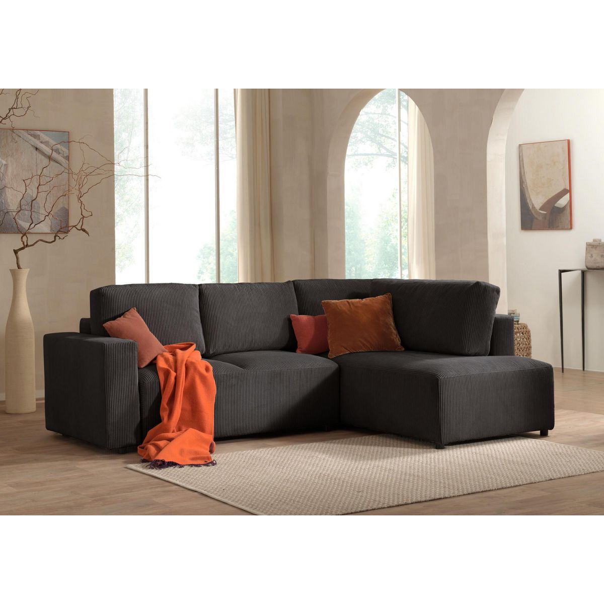 LISA DESIGN Livy - canapé d'angle convertible - avec coffre - en velours côtelé - 5 places - droit