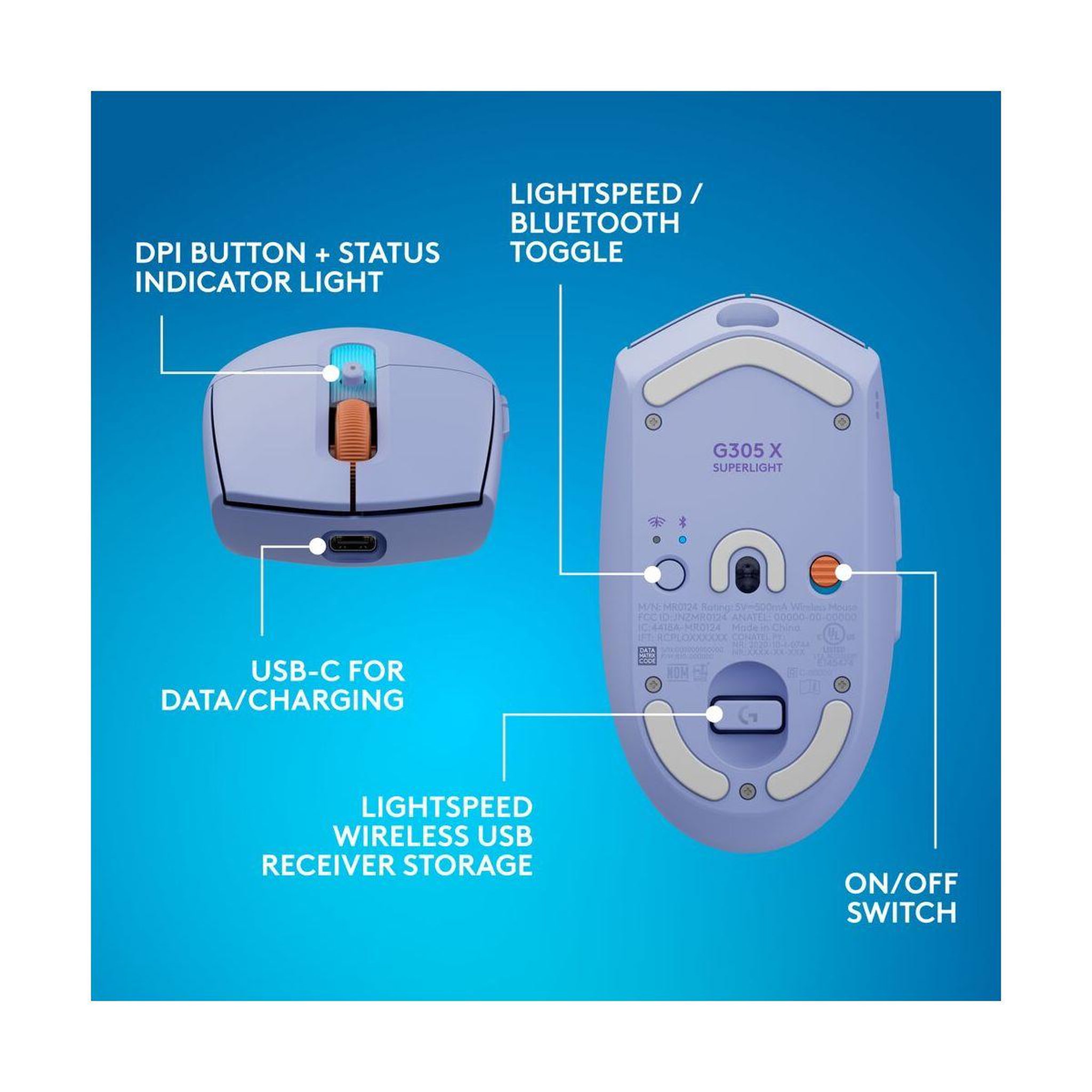Voir la diapositive 4 : Logitech Souris Gamer Sans Fil G305 X Lightspeed Lila