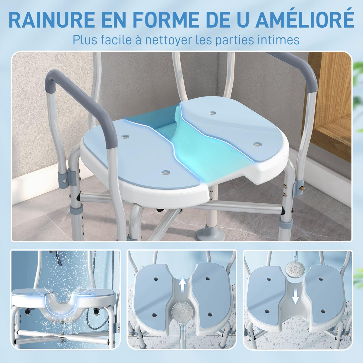 HOMCOM Tabouret de douche avec siège rembourrée et accoudoirs, chaise de douche, tabouret de bain, hauteur réglable 83-91,5 cm, cadre en aluminium et pieds antidérapants, bleu
